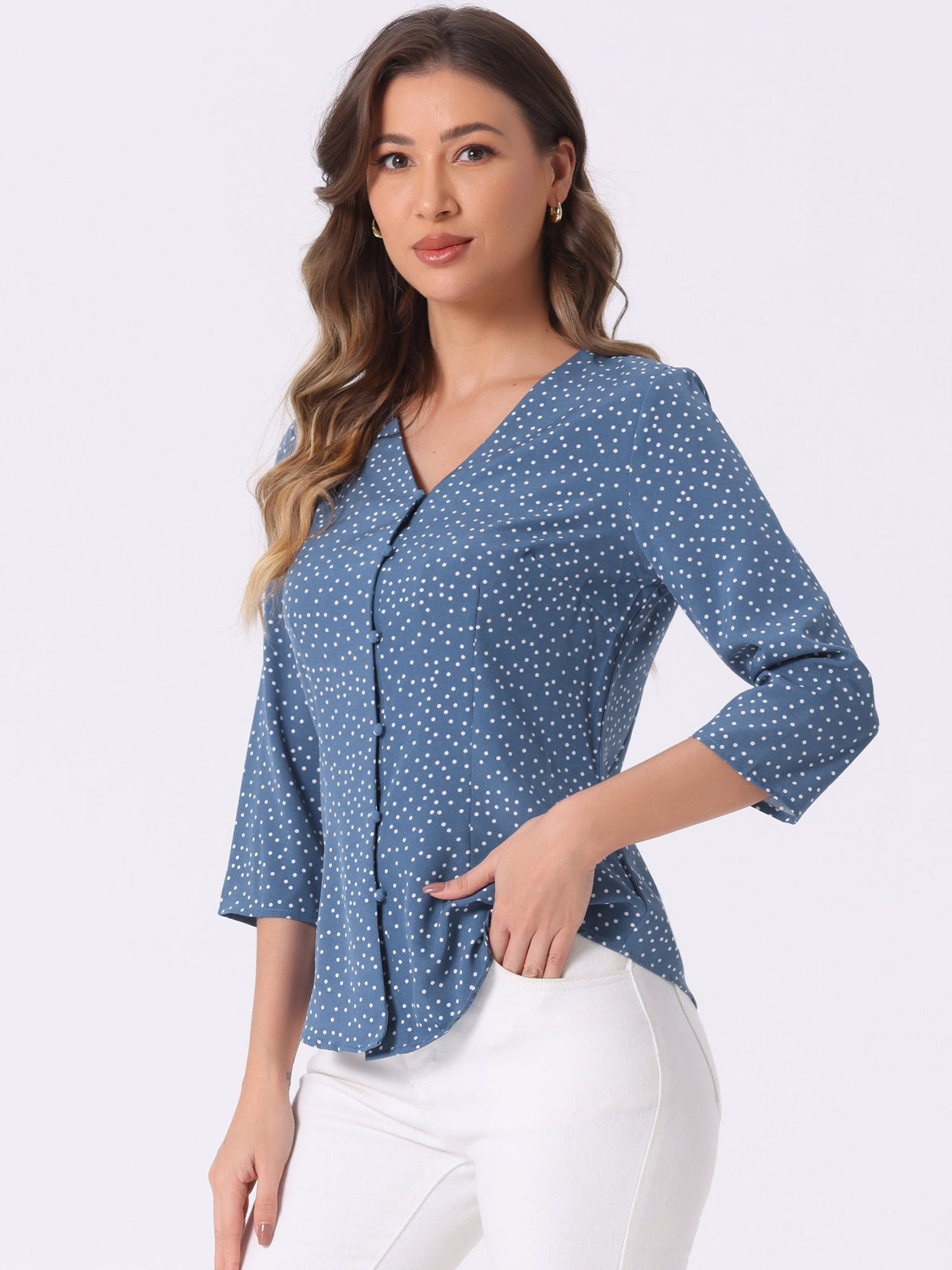 Polka Dots 3/4 Sleeve Button Front Vintage Office Blouse Top