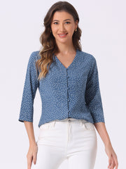 Polka Dots 3/4 Sleeve Button Front Vintage Office Blouse Top