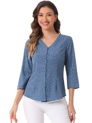 Polka Dots 3/4 Sleeve Button Front Vintage Office Blouse Top