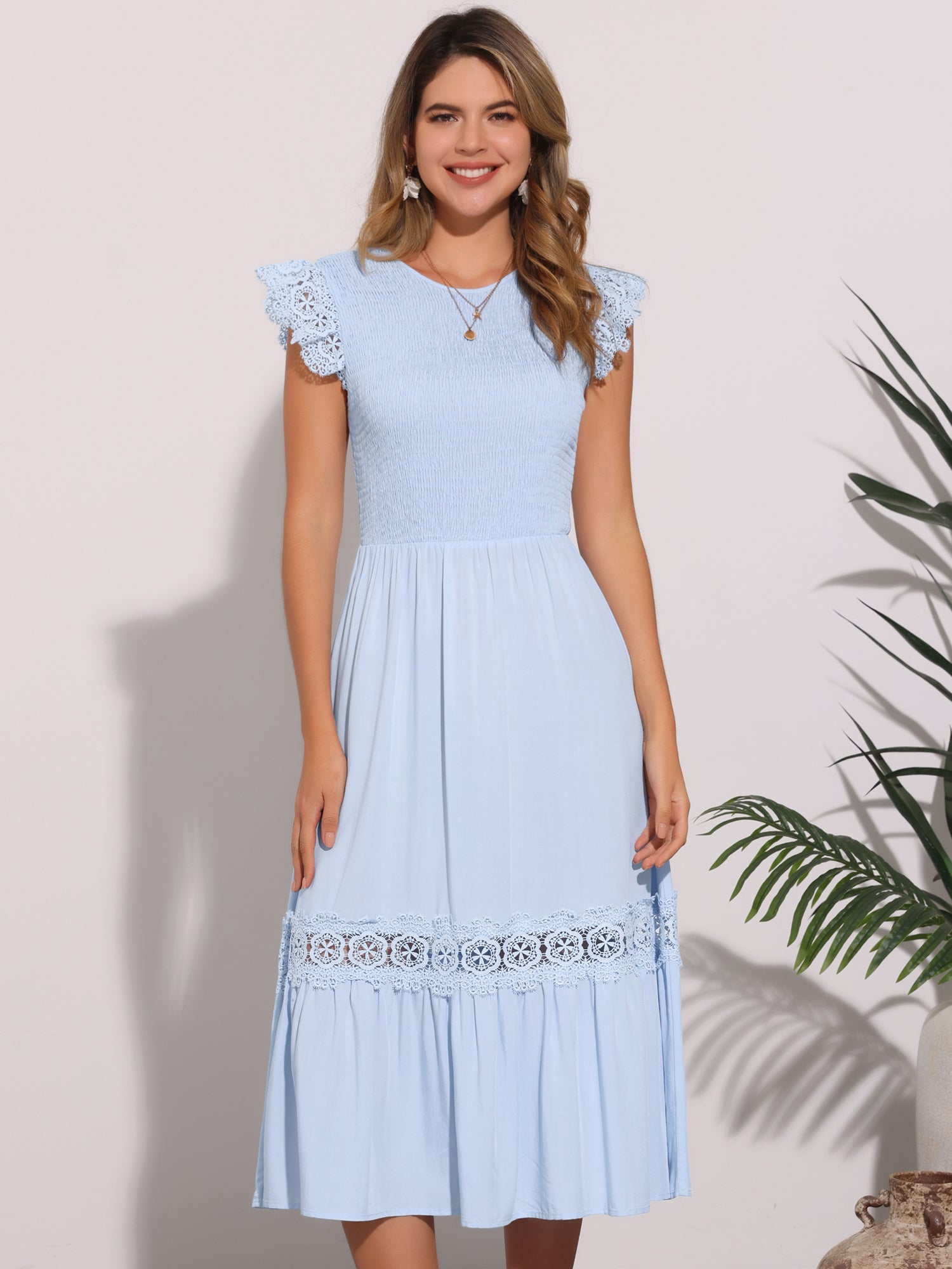 Cap Sleeve Lace Trim Smocked Ruffle Flowy Beach Dress