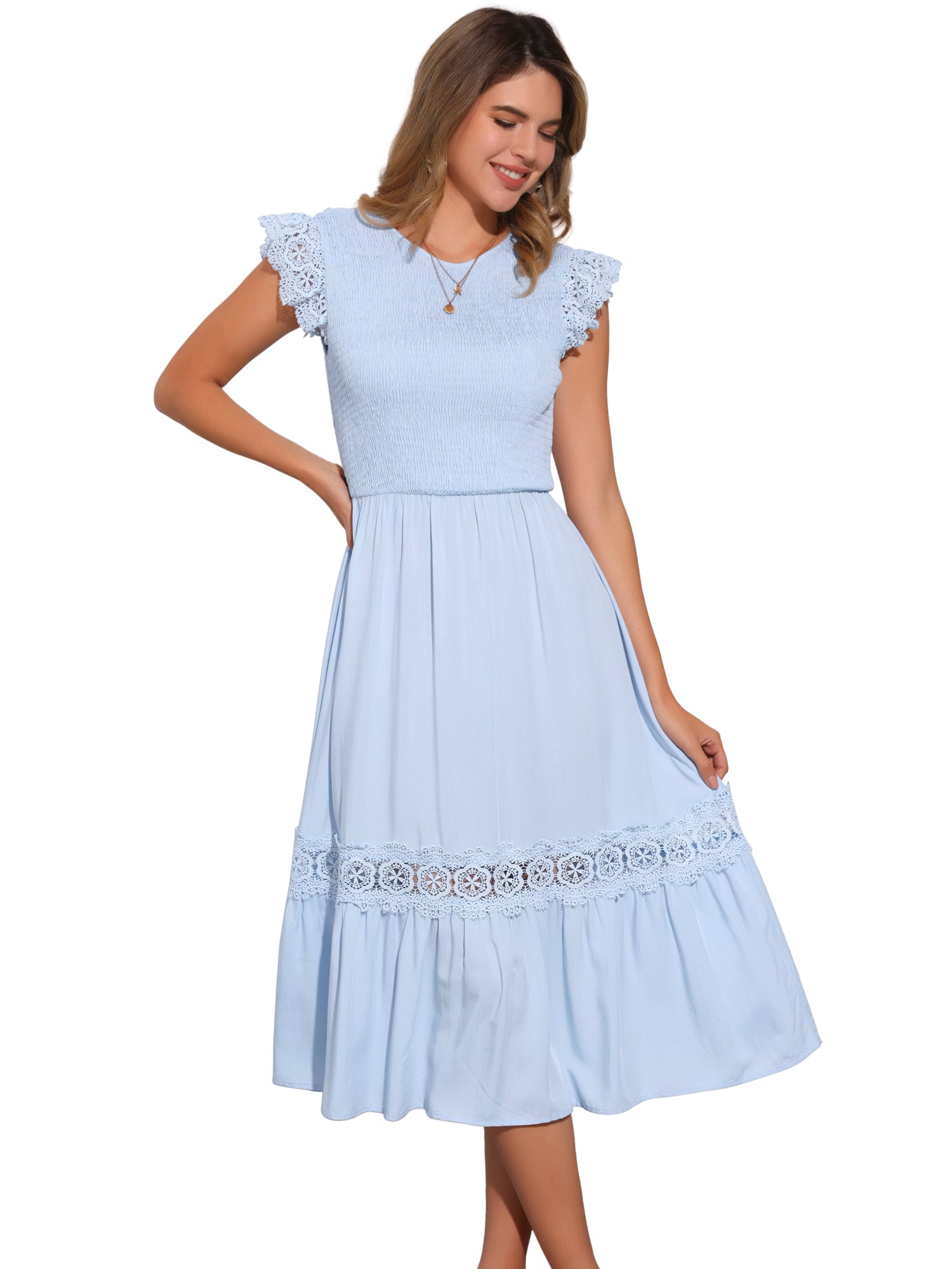 Cap Sleeve Lace Trim Smocked Ruffle Flowy Beach Dress