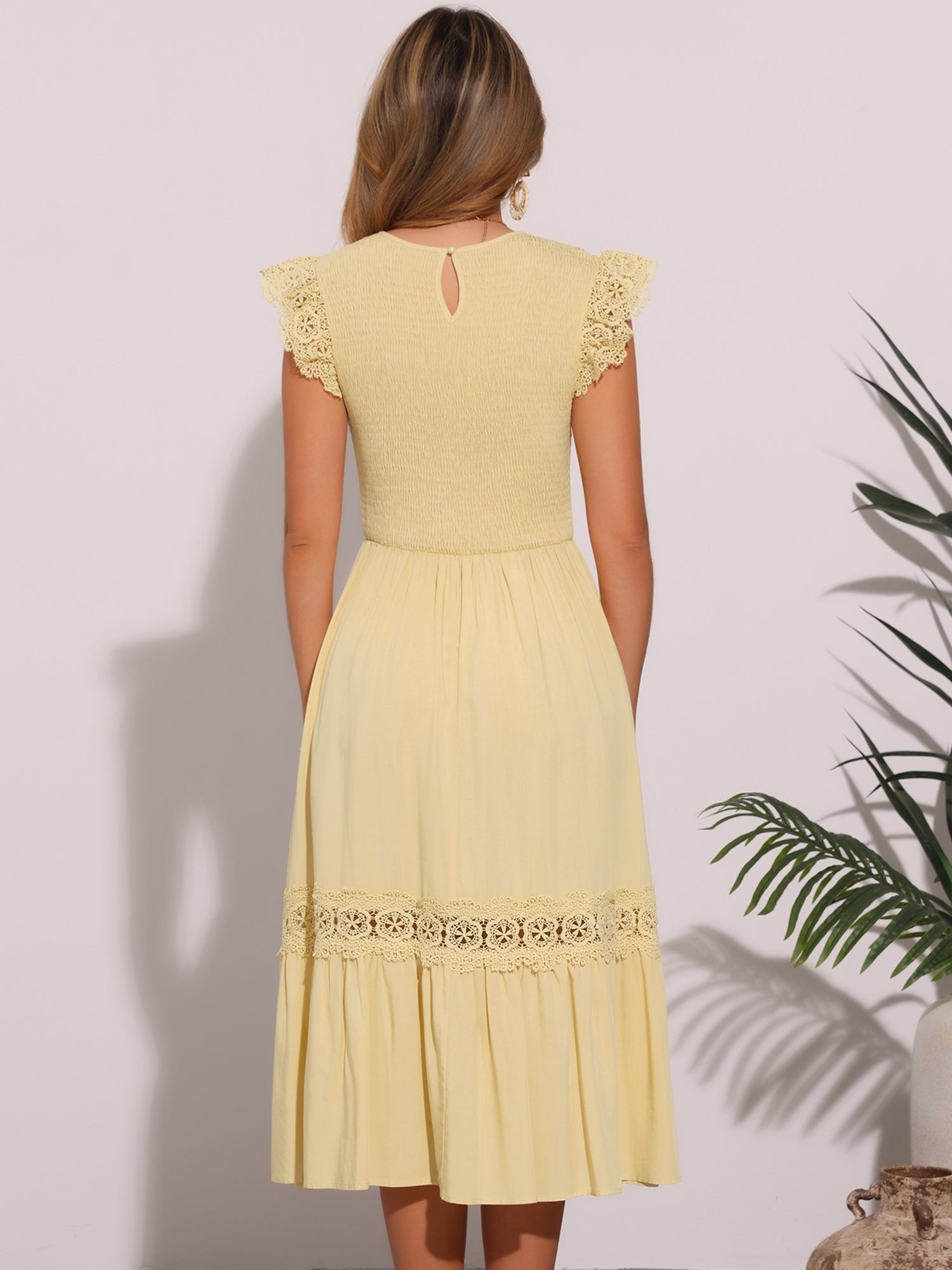 Cap Sleeve Lace Trim Smocked Ruffle Flowy Beach Dress
