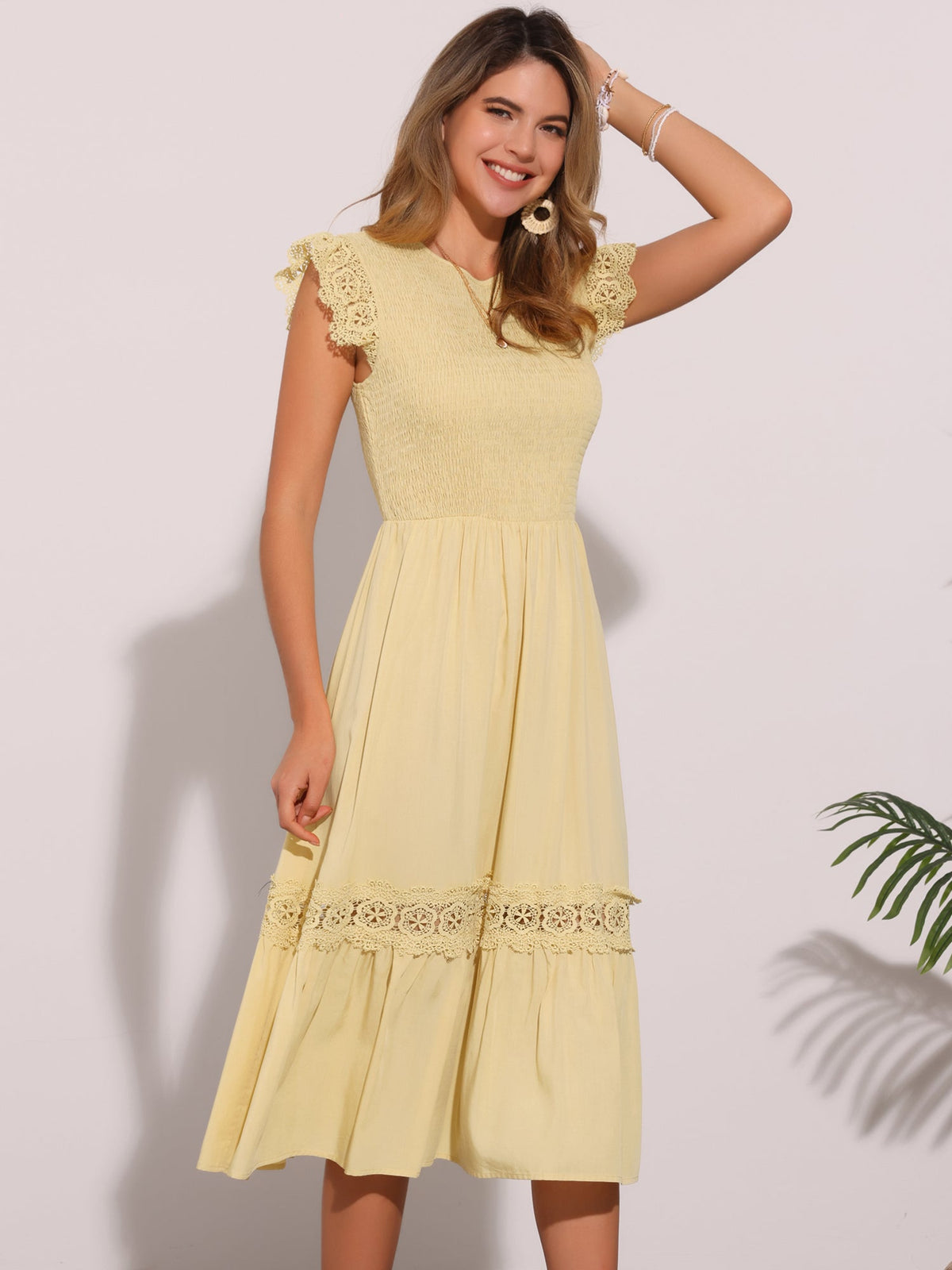 Cap Sleeve Lace Trim Smocked Ruffle Flowy Beach Dress
