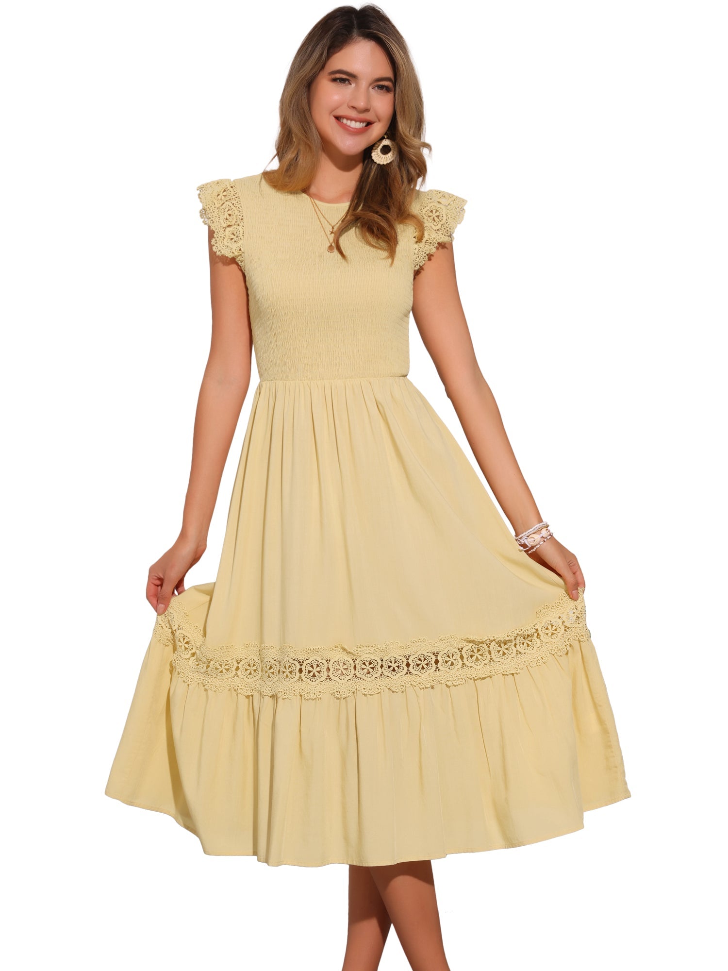 Cap Sleeve Lace Trim Smocked Ruffle Flowy Beach Dress
