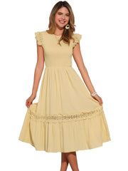 Cap Sleeve Lace Trim Smocked Ruffle Flowy Beach Dress