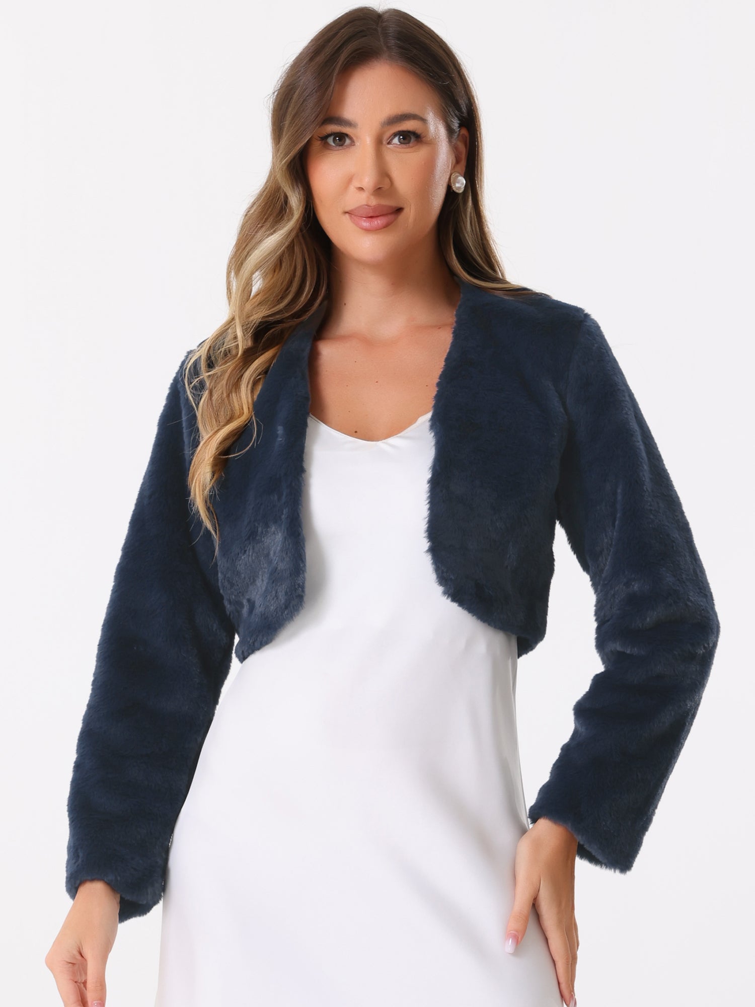 Evening Open Front Bolero Shrug Cropped Faux Fur Jacket