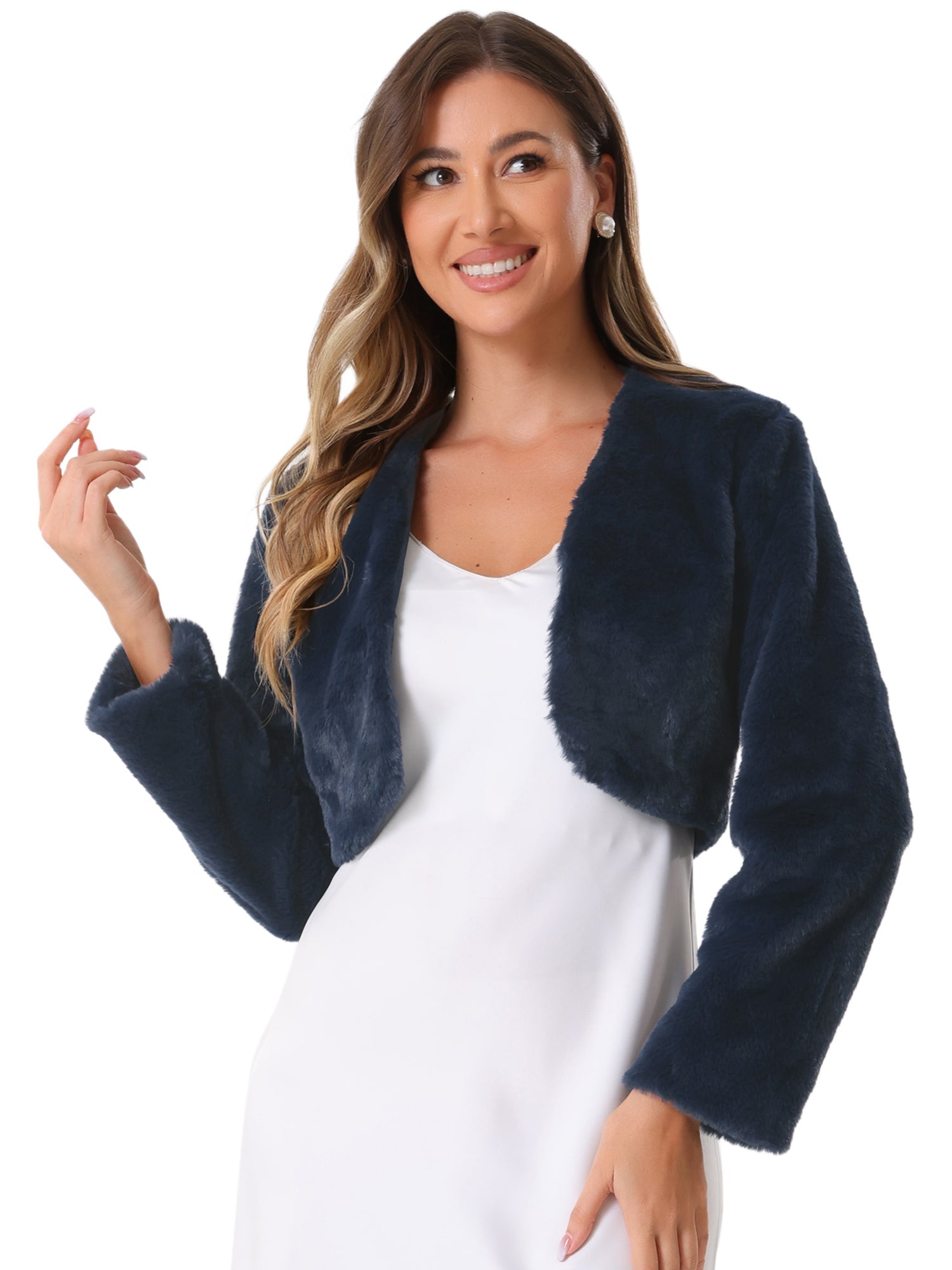 Evening Open Front Bolero Shrug Cropped Faux Fur Jacket
