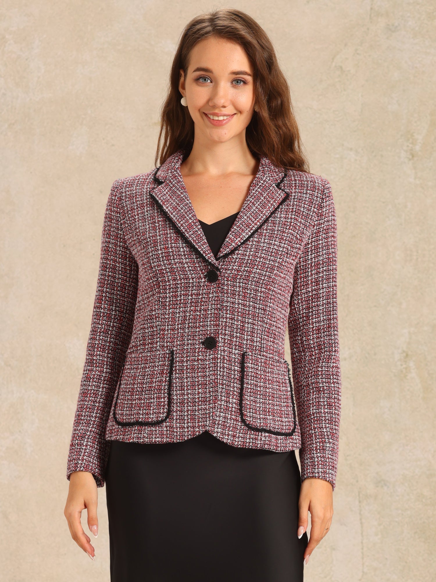 Plaid Tweed Notched Lapel Button Long Sleeve Blazer Jackets