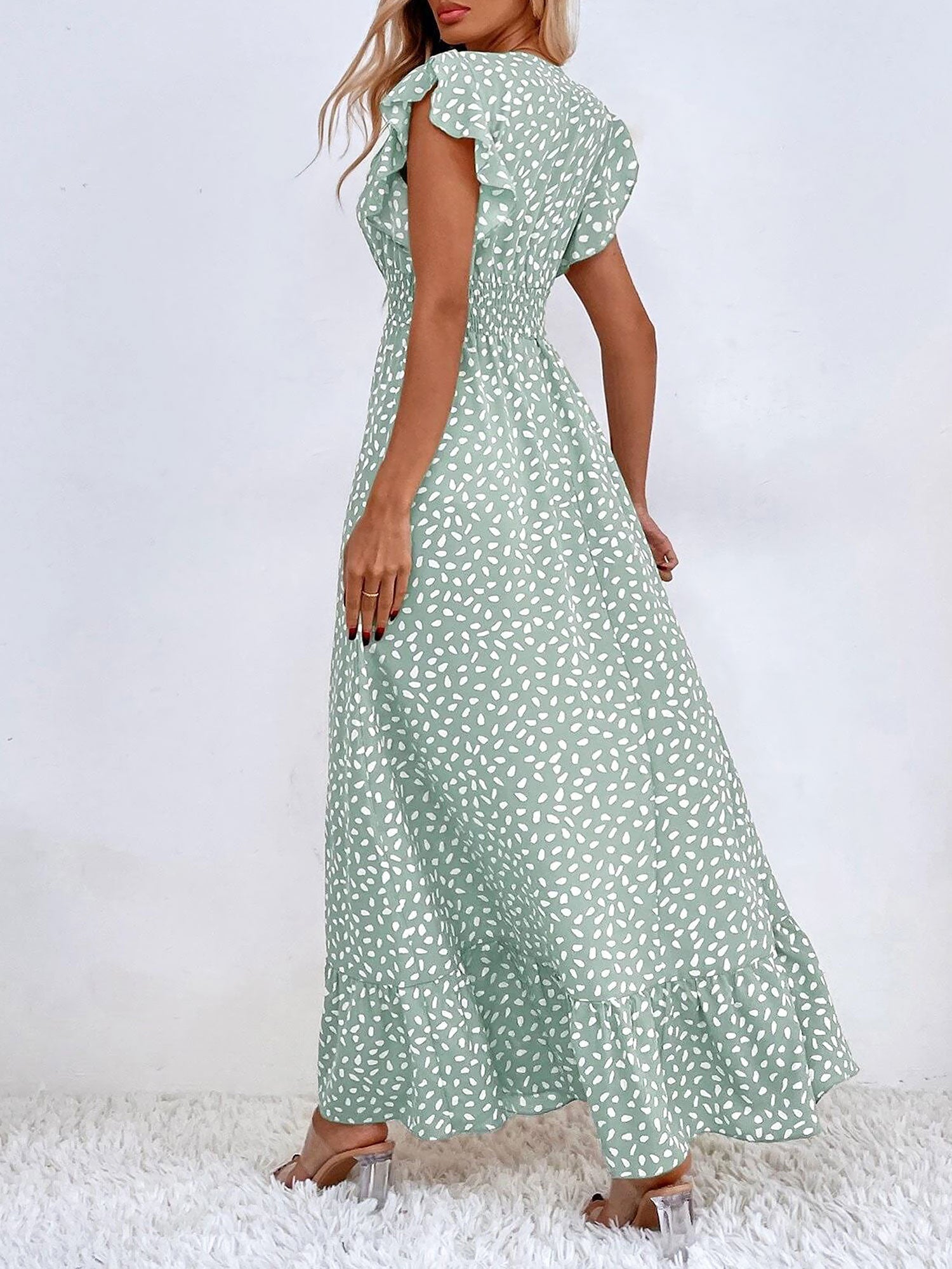Dots Print Ruffled Cap Sleeves Smocked Waist Maxi Dress