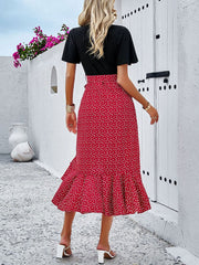 Boho-Chic Eyelet Short Sleeves Patchwork Floral Belted Hi-Lo Hem Midi Garden Party Dress