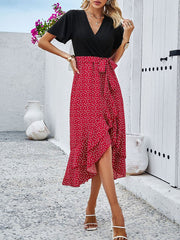 Boho-Chic Eyelet Short Sleeves Patchwork Floral Belted Hi-Lo Hem Midi Garden Party Dress