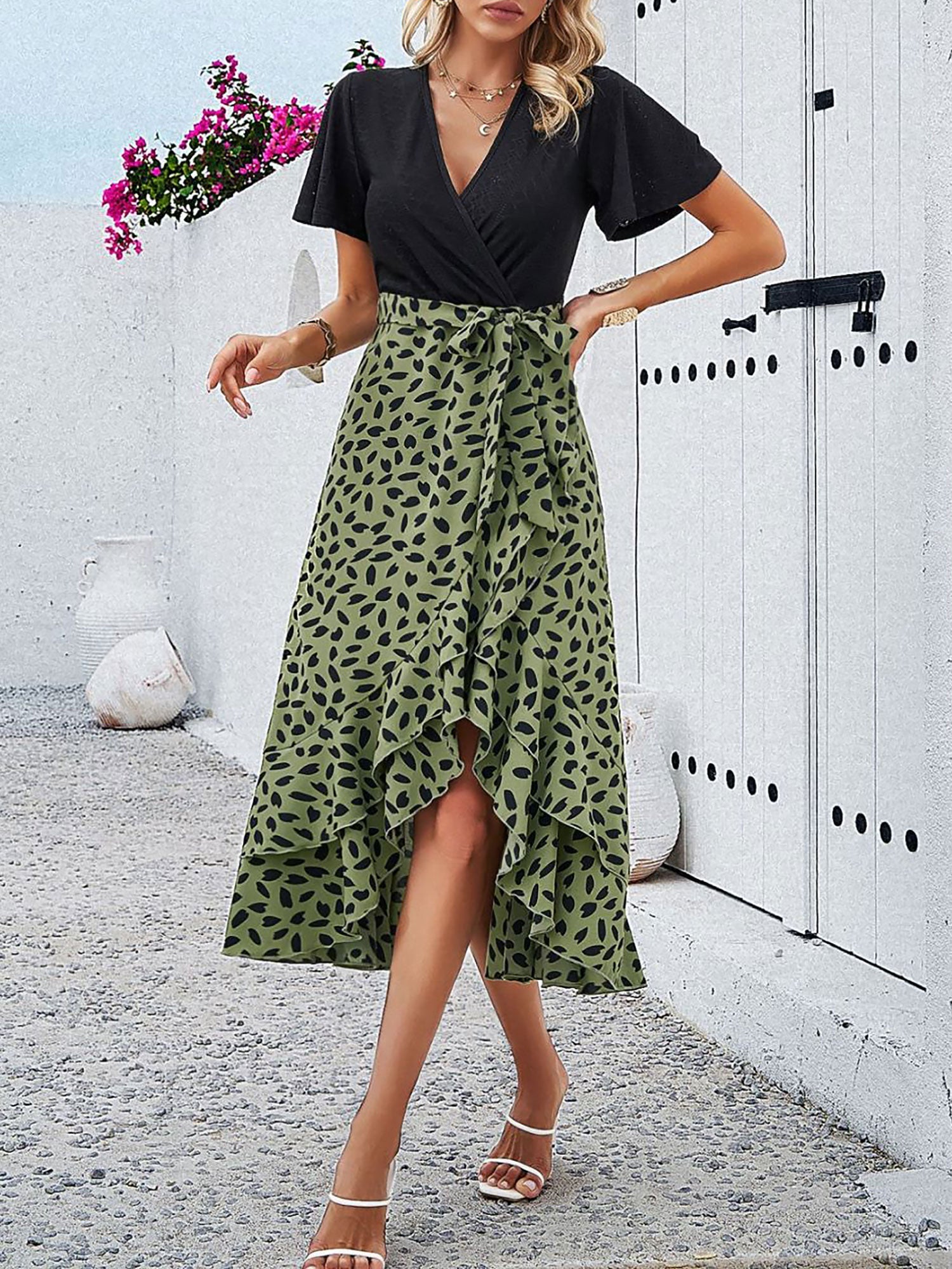 Boho-Chic Eyelet Short Sleeves Patchwork Floral Belted Hi-Lo Hem Midi Garden Party Dress