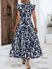 Flattering A-Line Ruffled Cap Sleeves Belted Floral Tiered for Garden Parties & Brunch Dates Maxi Dress