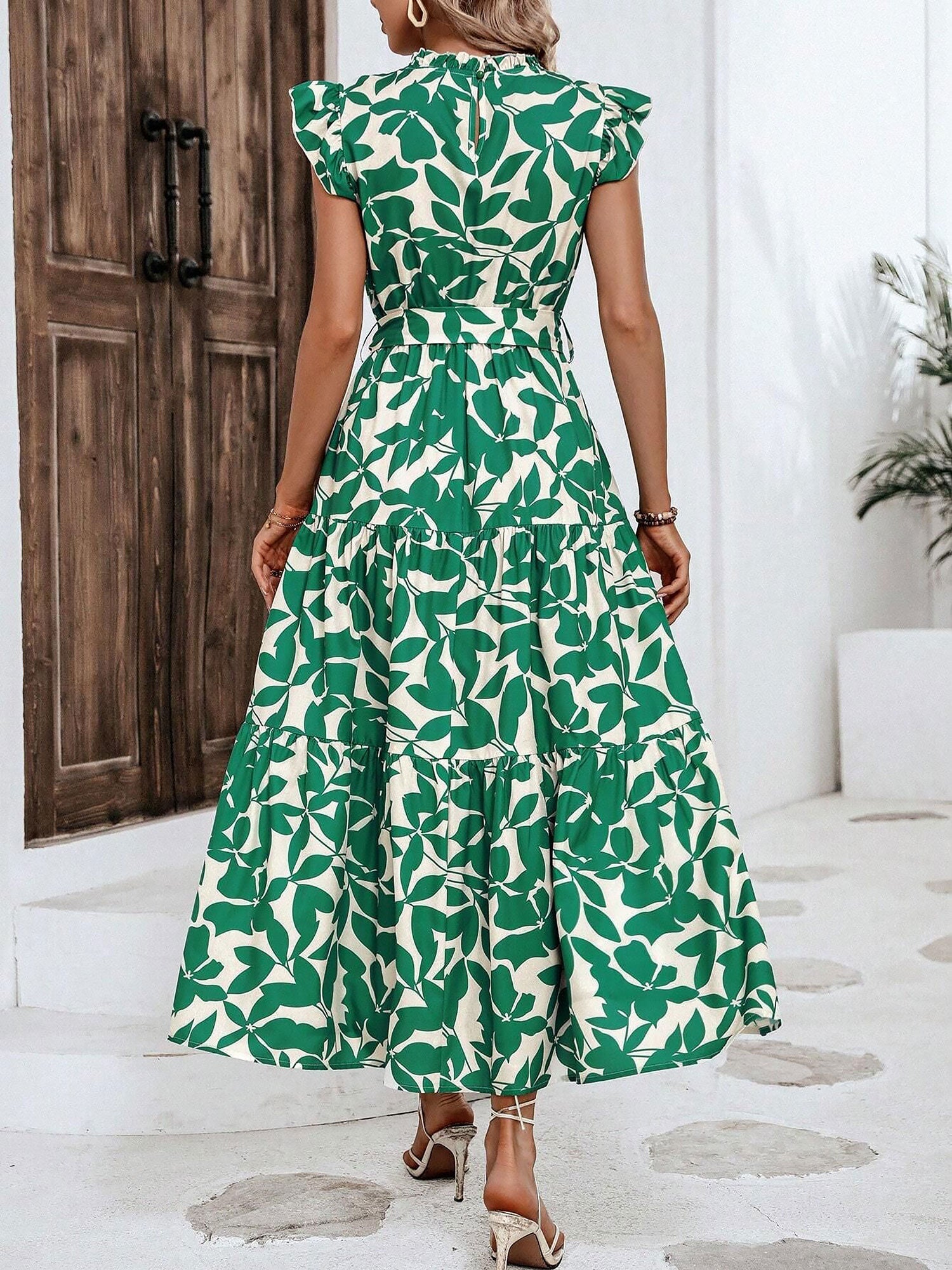 Flattering A-Line Ruffled Cap Sleeves Belted Floral Tiered for Garden Parties & Brunch Dates Maxi Dress
