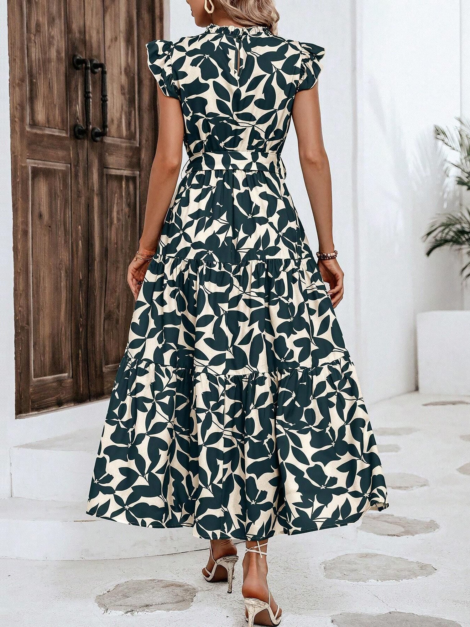 Flattering A-Line Ruffled Cap Sleeves Belted Floral Tiered for Garden Parties & Brunch Dates Maxi Dress