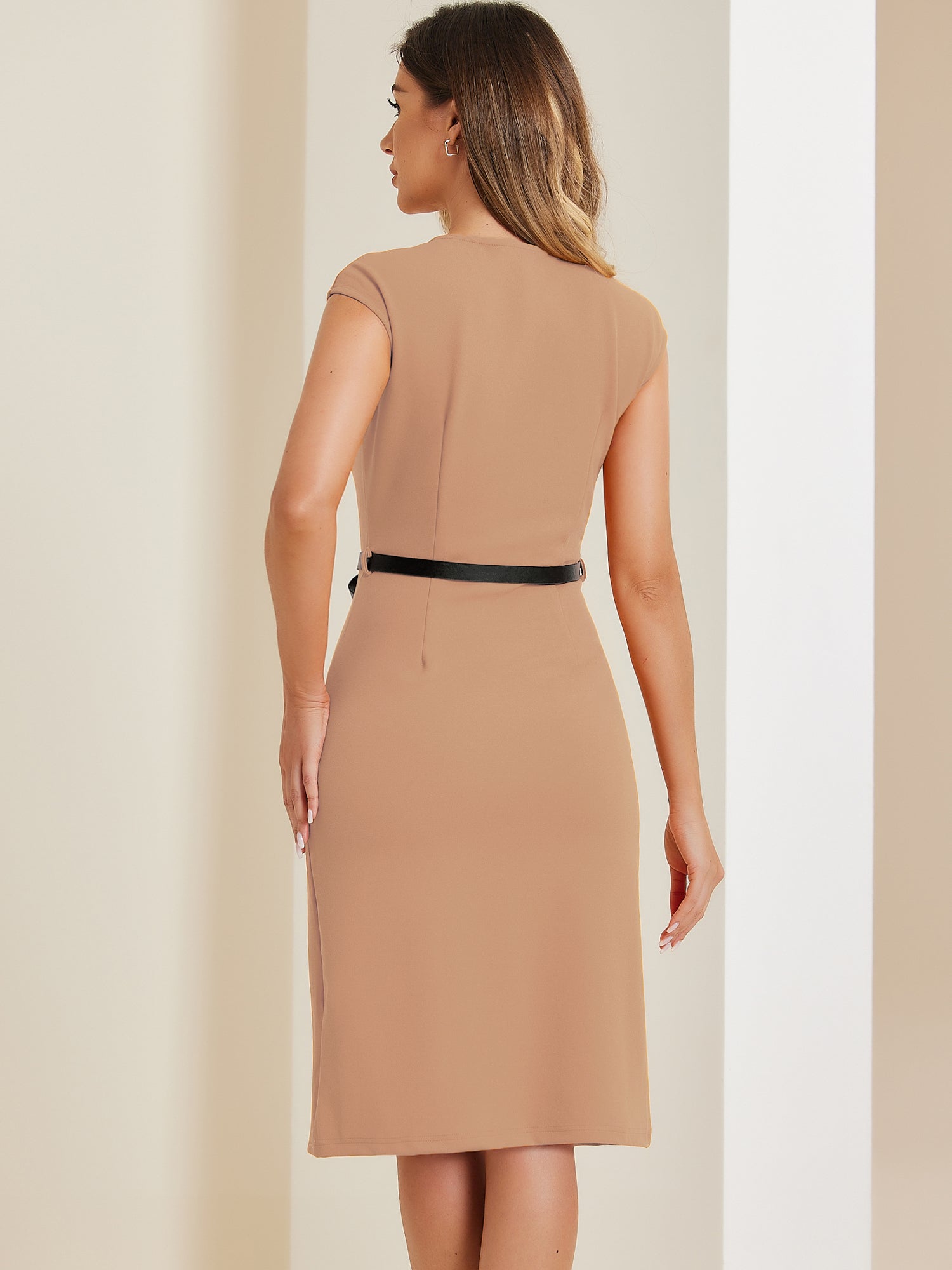 Business Cap Sleeve Belted Pencil Work Sheath Dress