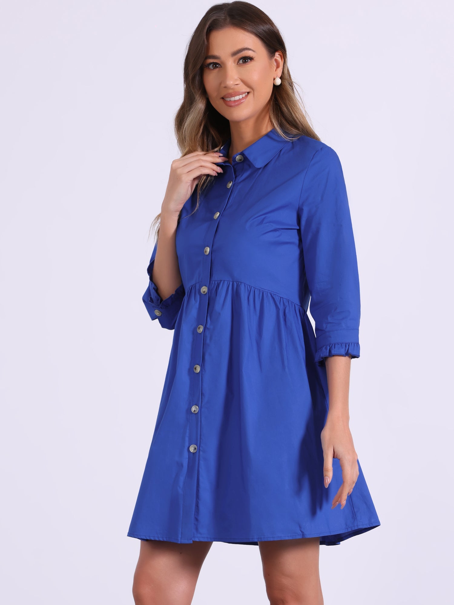 Ruched 3/4 Sleeve Button Up Casual Mini Shirt Dress