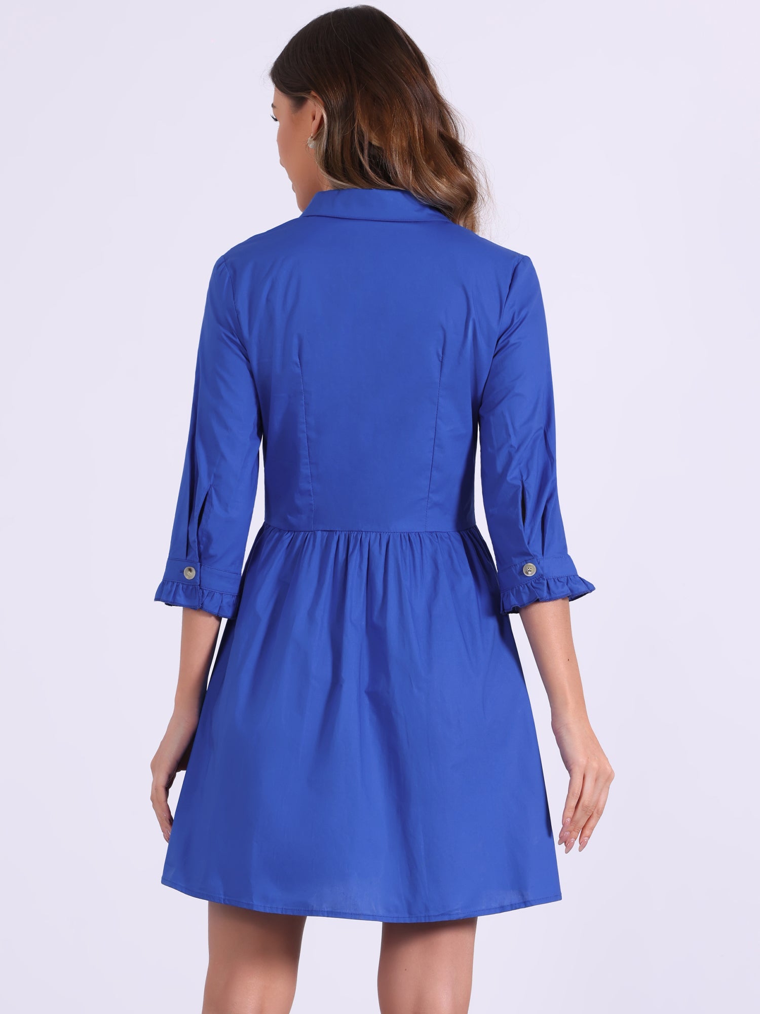 Ruched 3/4 Sleeve Button Up Casual Mini Shirt Dress