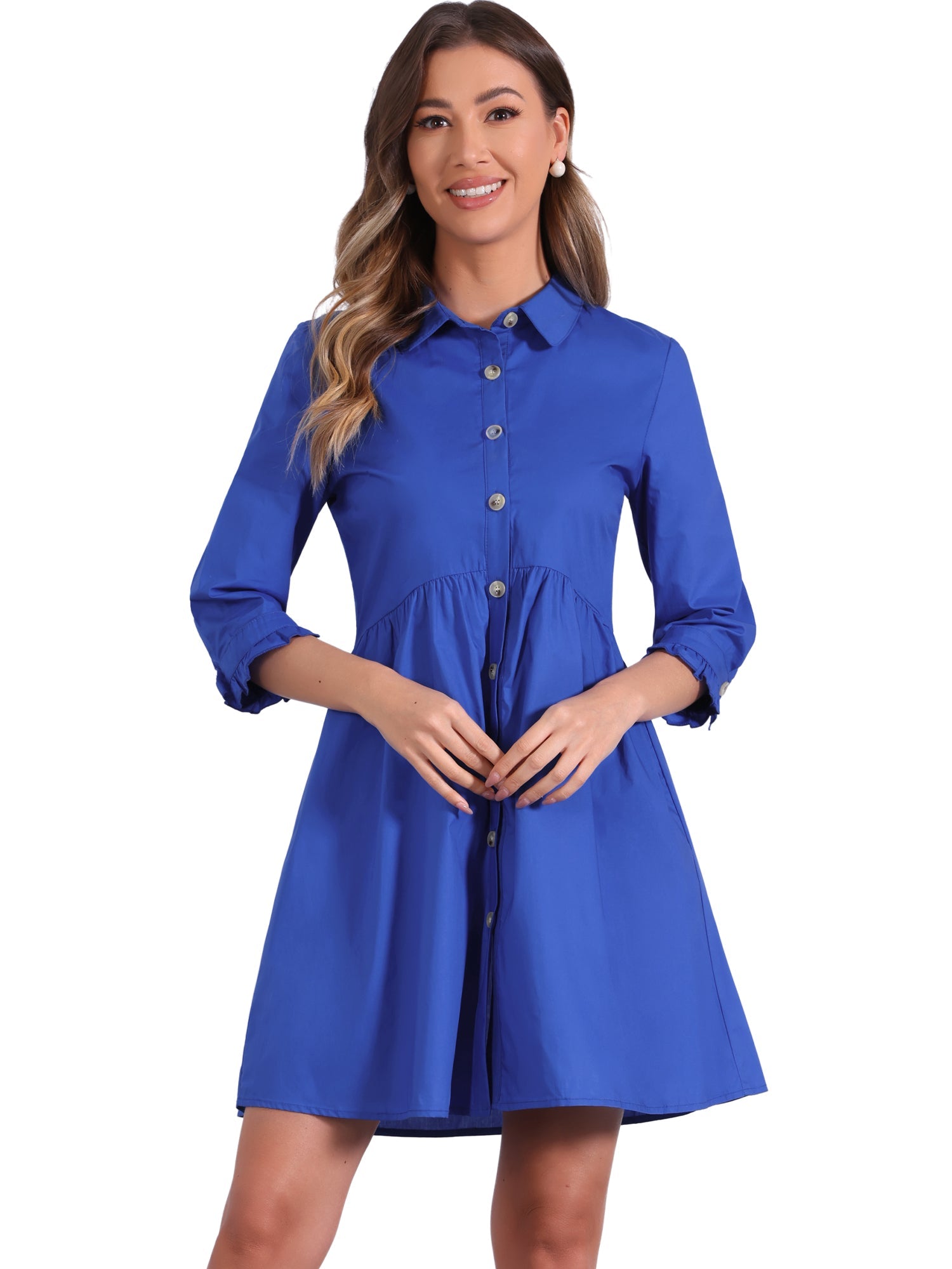 Ruched 3/4 Sleeve Button Up Casual Mini Shirt Dress