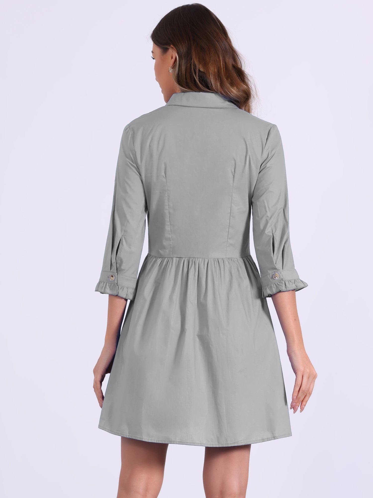 Ruched 3/4 Sleeve Button Up Casual Mini Shirt Dress