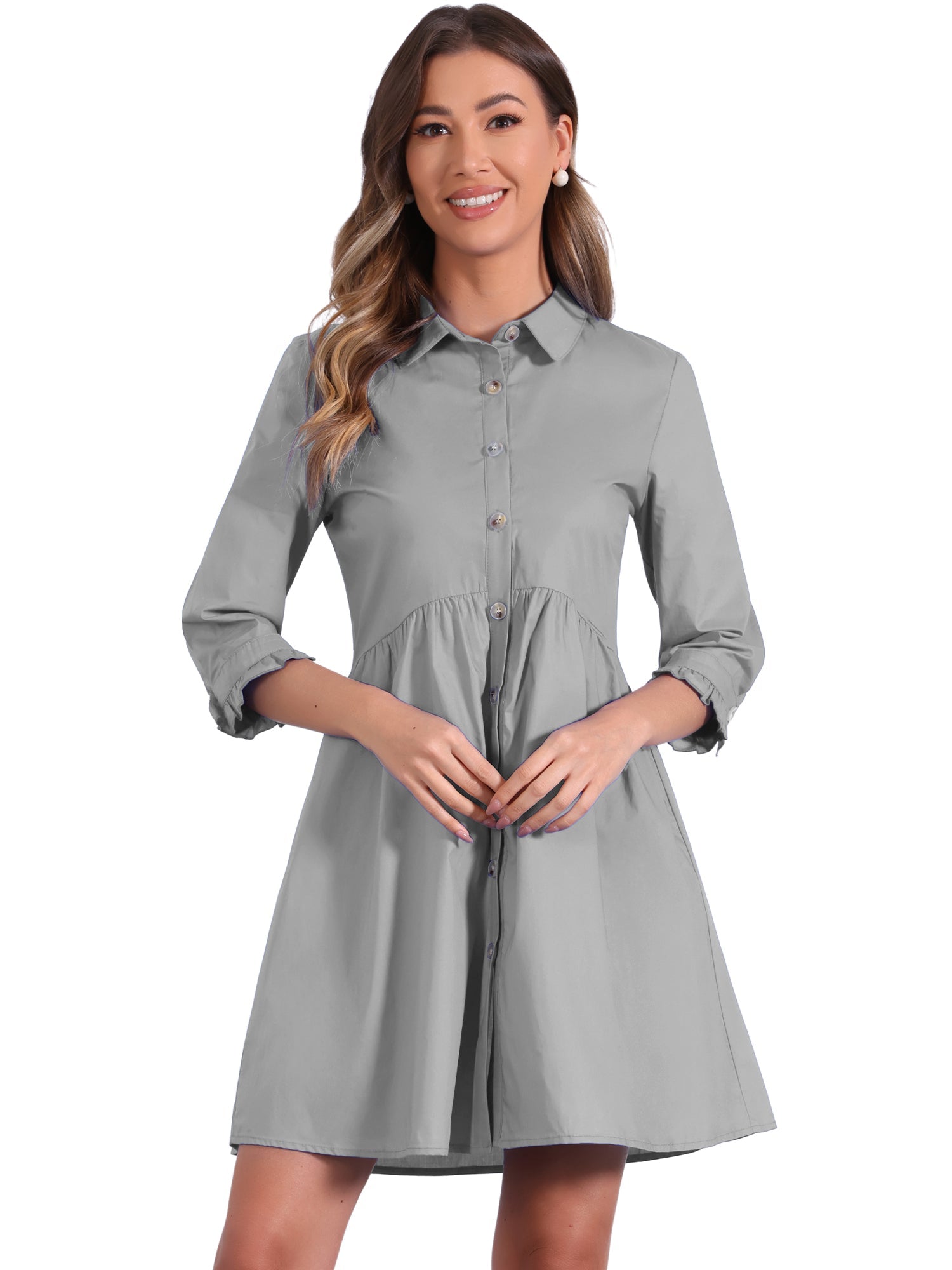 Ruched 3/4 Sleeve Button Up Casual Mini Shirt Dress