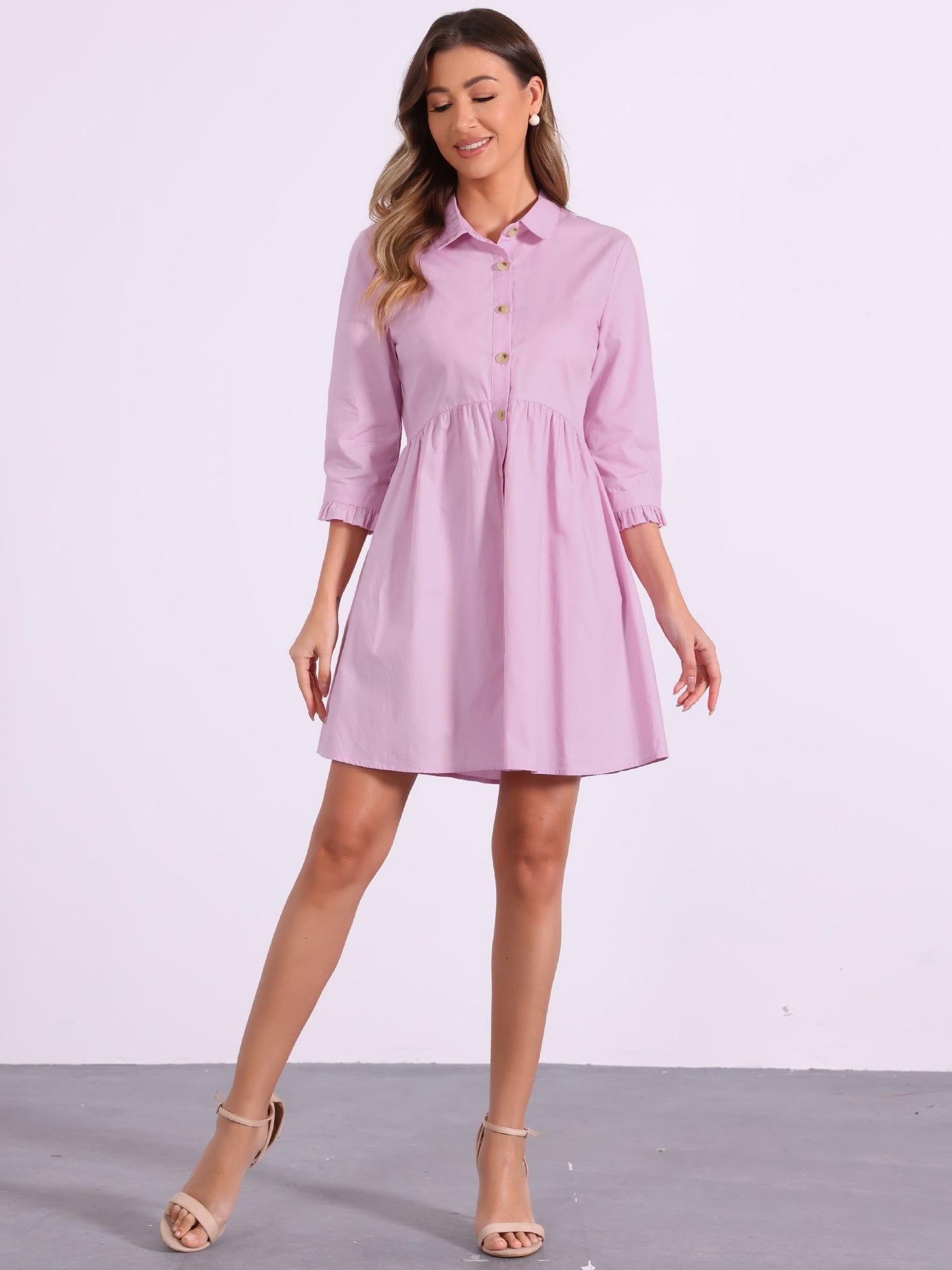 Ruched 3/4 Sleeve Button Up Casual Mini Shirt Dress