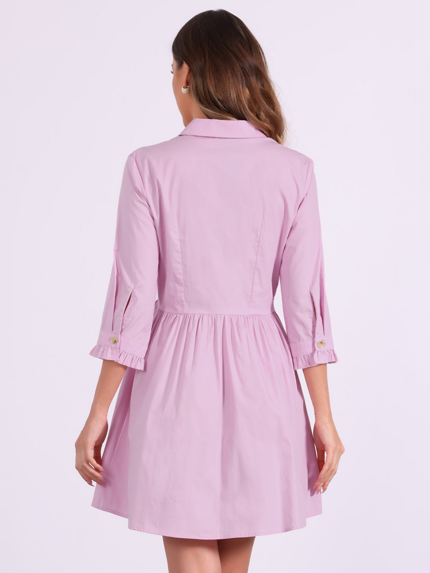 Ruched 3/4 Sleeve Button Up Casual Mini Shirt Dress