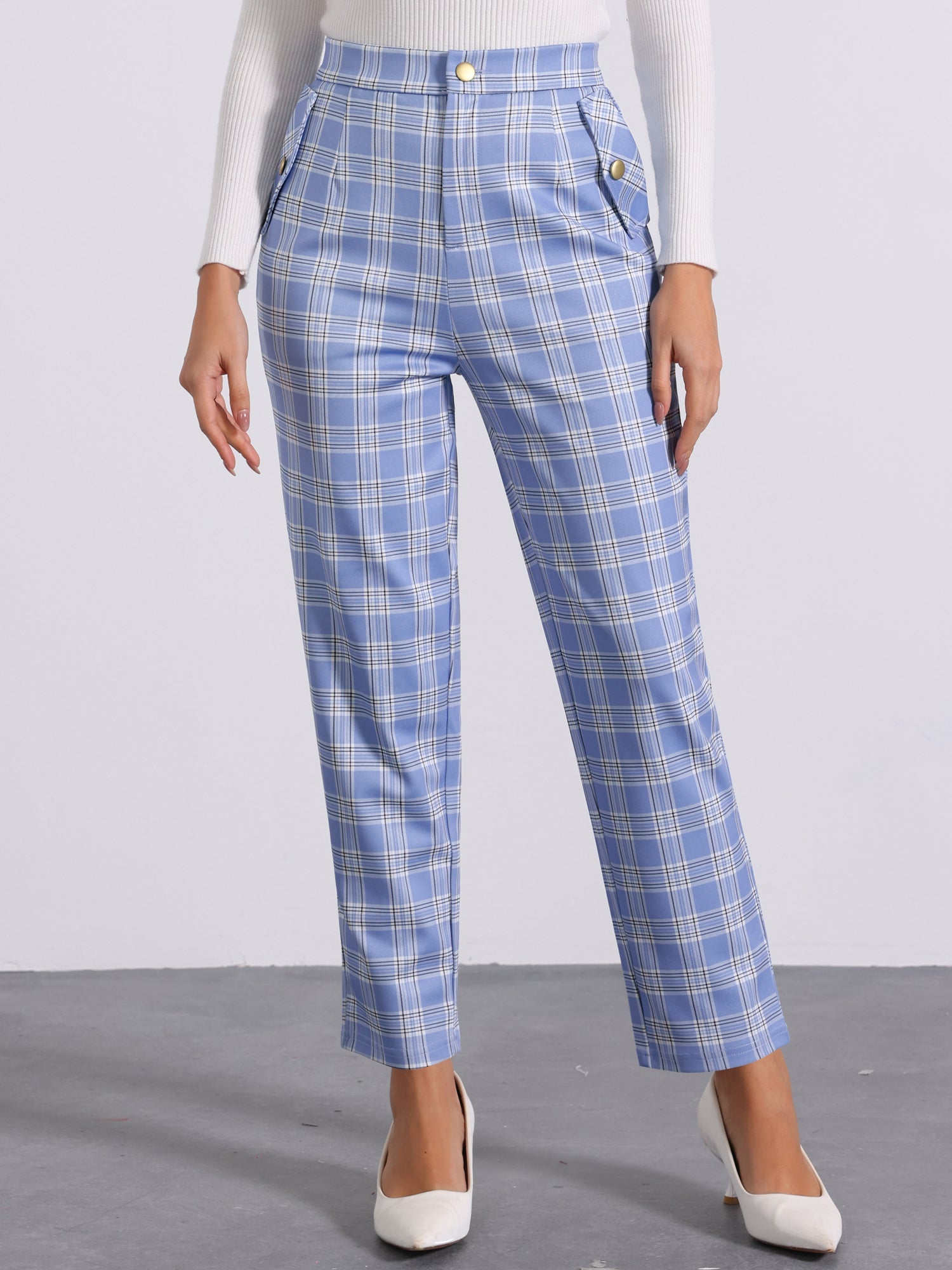 Vintage Tartan Plaid Pants Elastic Waist Straight Long Trousers