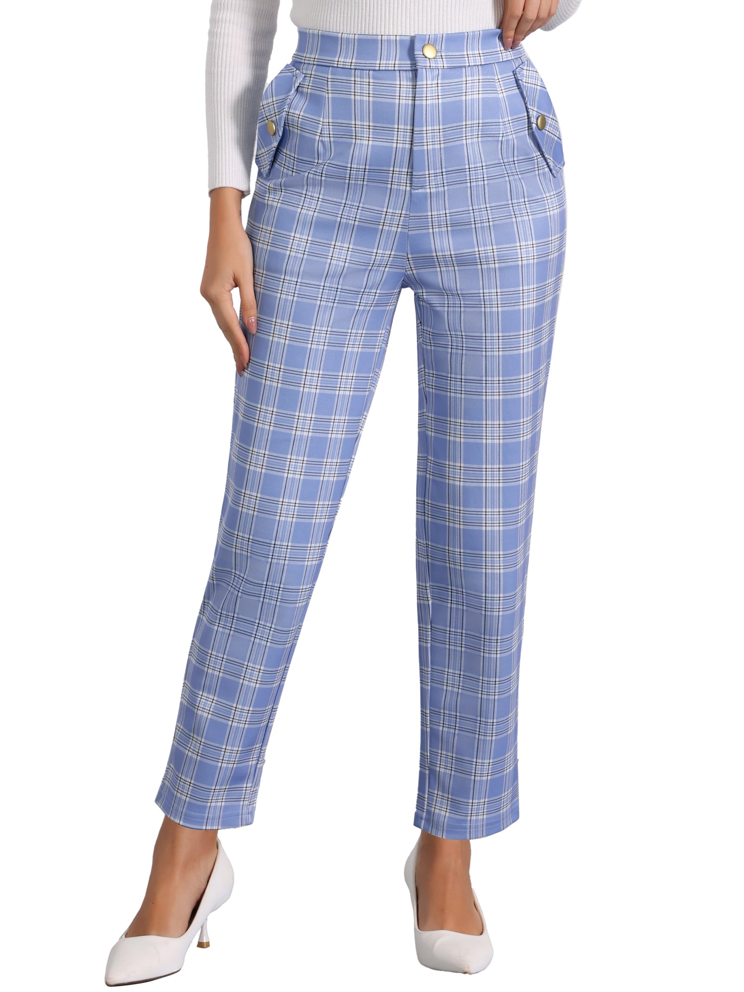 Vintage Tartan Plaid Pants Elastic Waist Straight Long Trousers