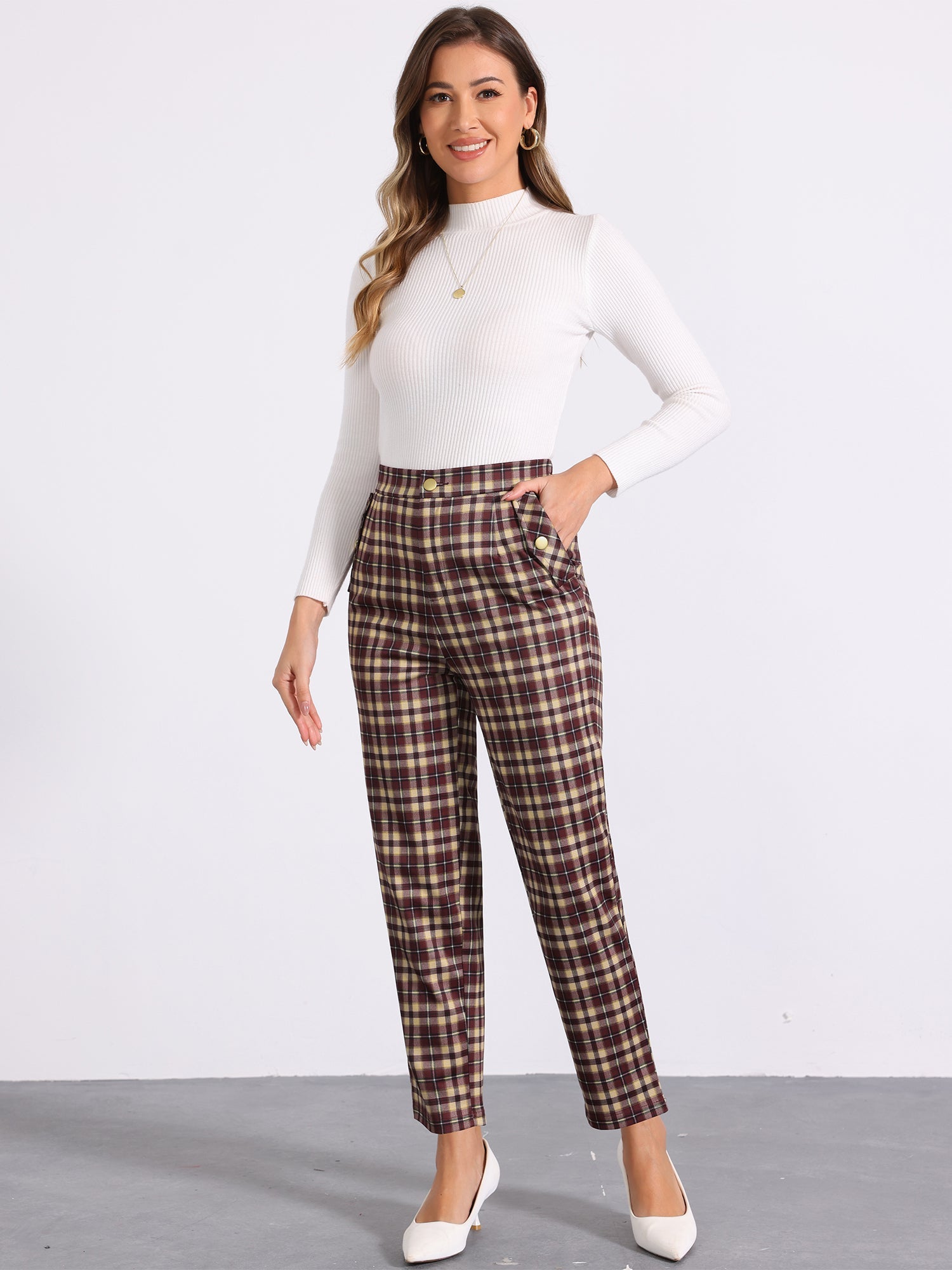 Vintage Tartan Plaid Pants Elastic Waist Straight Long Trousers