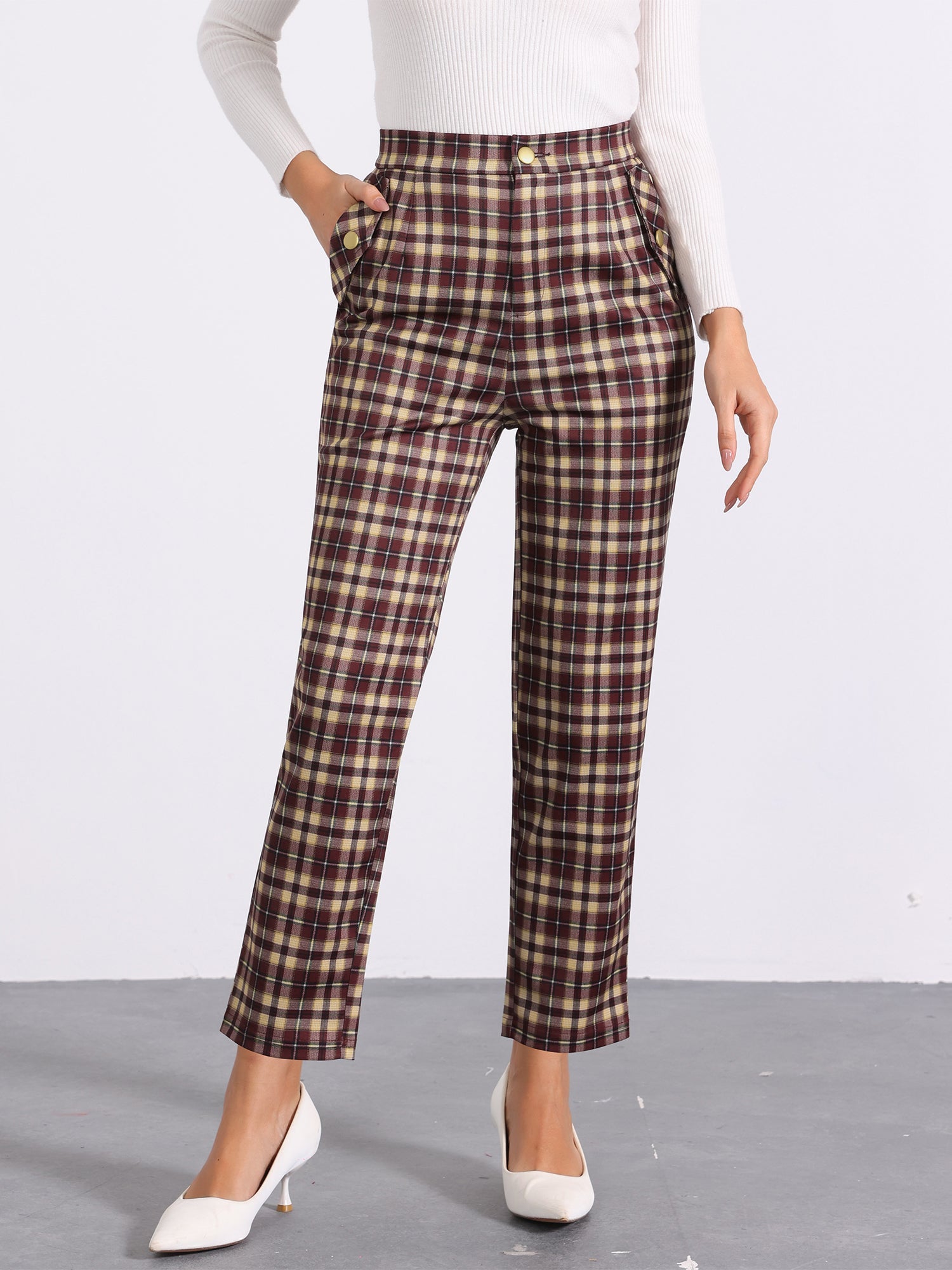 Vintage Tartan Plaid Pants Elastic Waist Straight Long Trousers