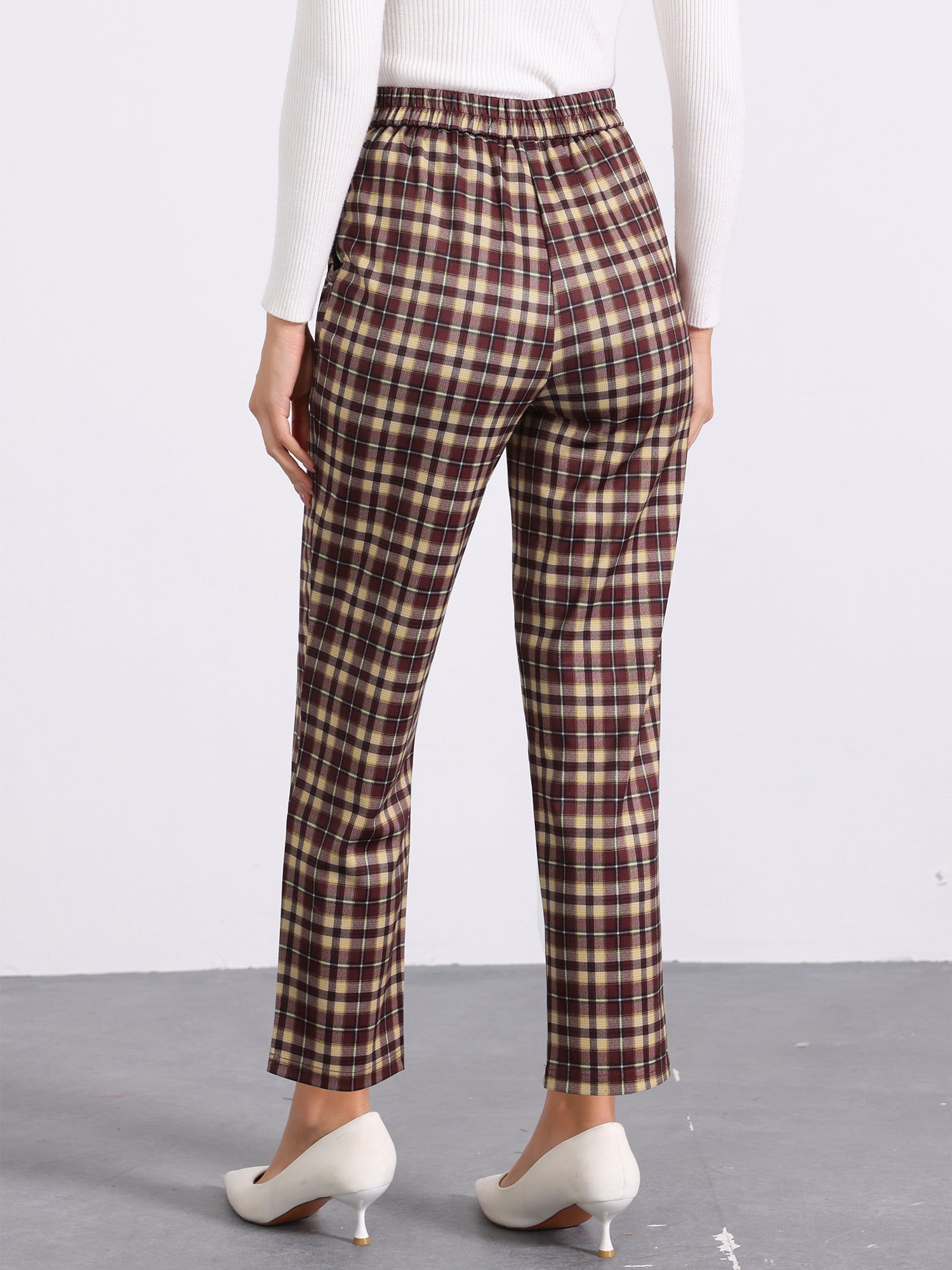 Vintage Tartan Plaid Pants Elastic Waist Straight Long Trousers
