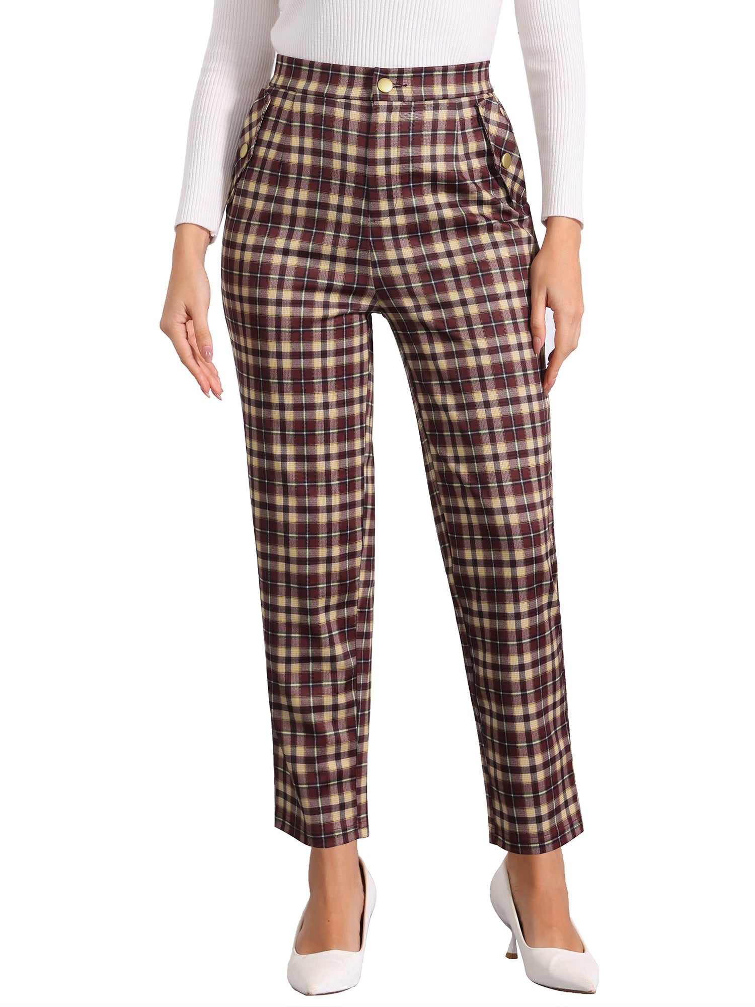 Vintage Tartan Plaid Pants Elastic Waist Straight Long Trousers