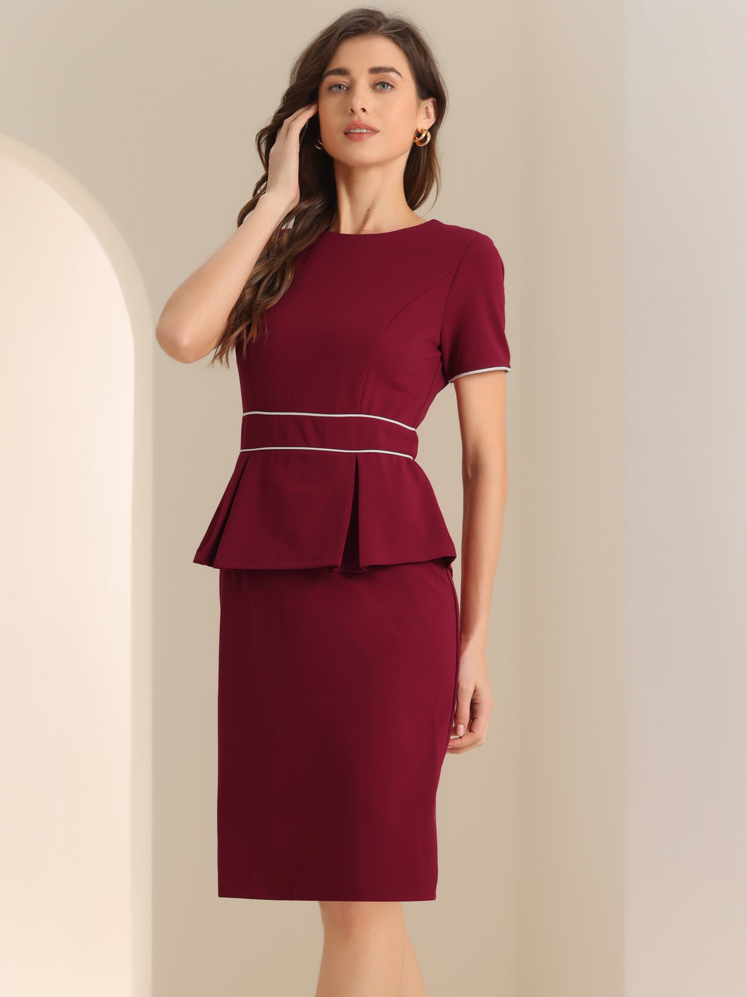 Peplum Pencil Crew Neck Short Sleeve Bodycon Elegant Sheath Dress