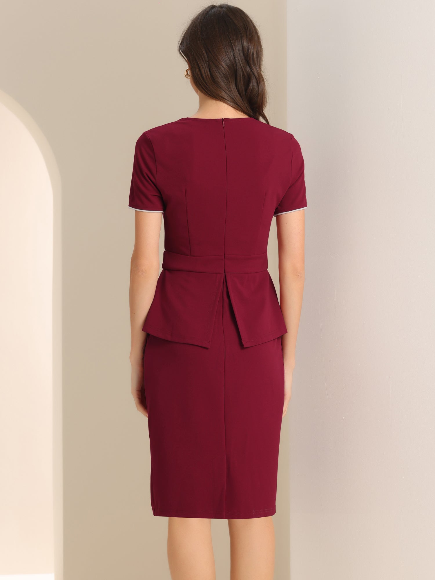 Peplum Pencil Crew Neck Short Sleeve Bodycon Elegant Sheath Dress