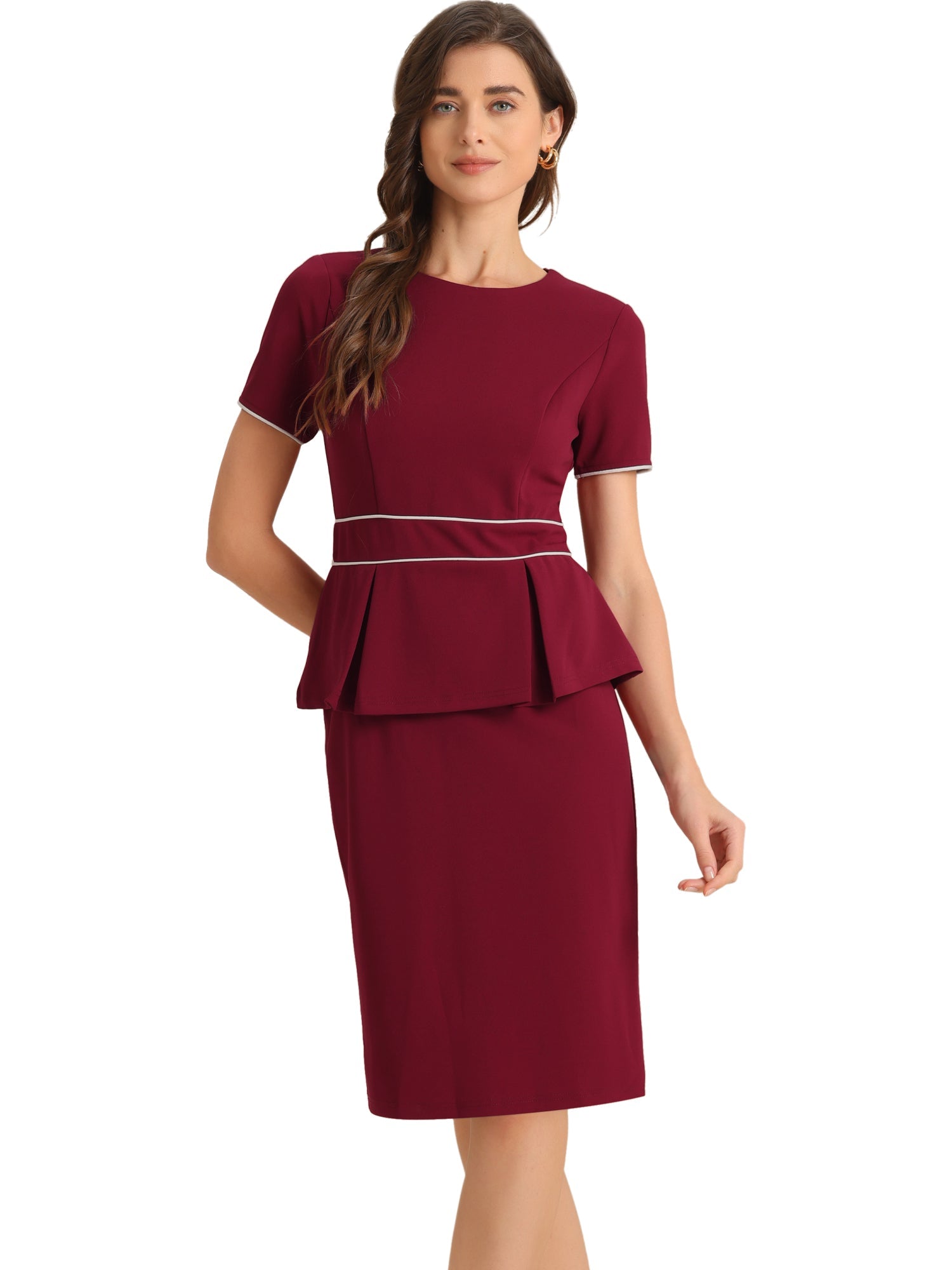 Peplum Pencil Crew Neck Short Sleeve Bodycon Elegant Sheath Dress