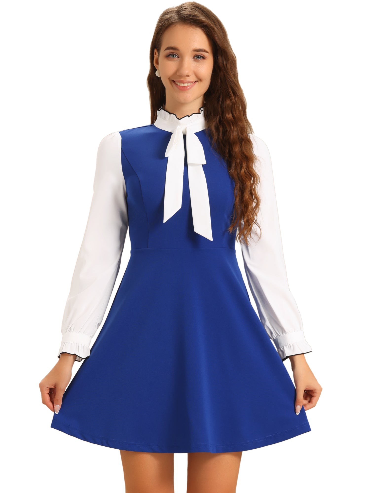 Patchwork Contrast Color Long Sleeve Tie Neck Mini Dress