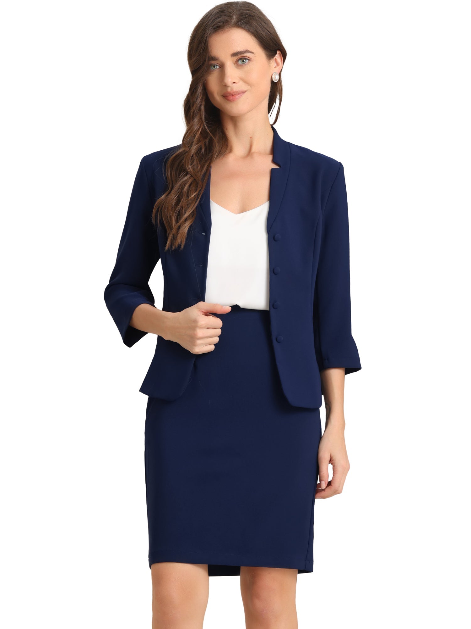 2 Piece Notched Collar Blazer and Pencil Skirt Business Suit Set