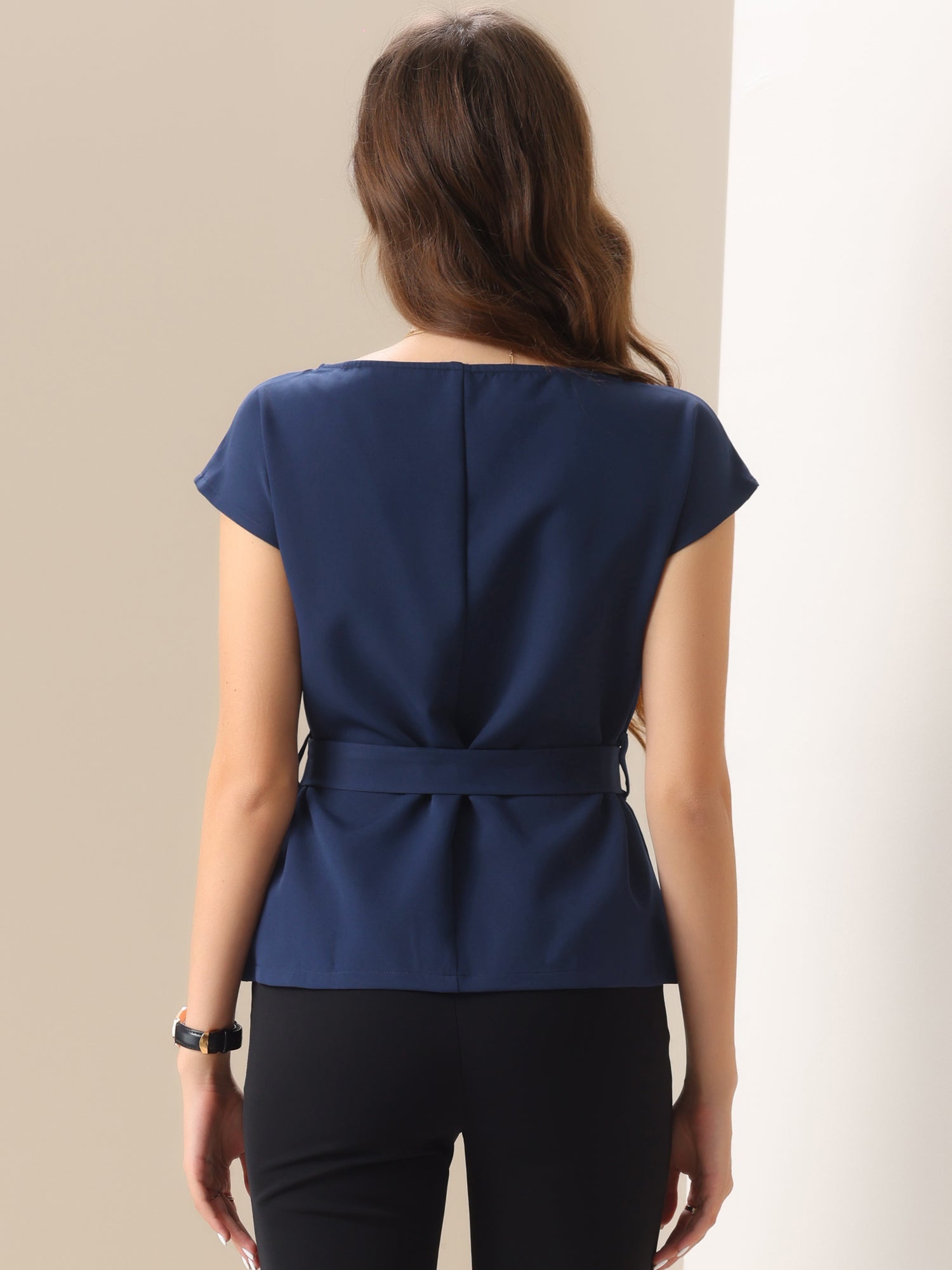 Cap Sleeve Boat Neck Office Work Belted Tops
