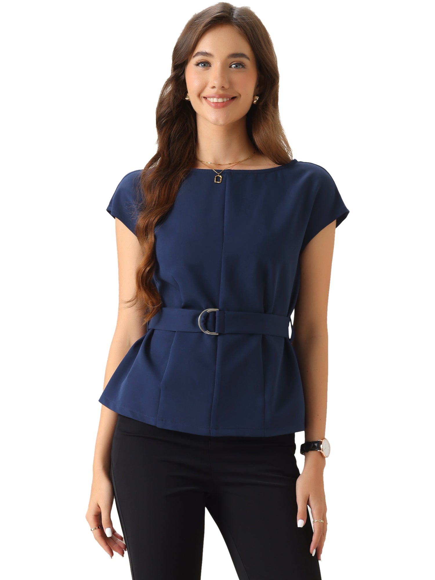 Cap Sleeve Boat Neck Office Work Belted Tops