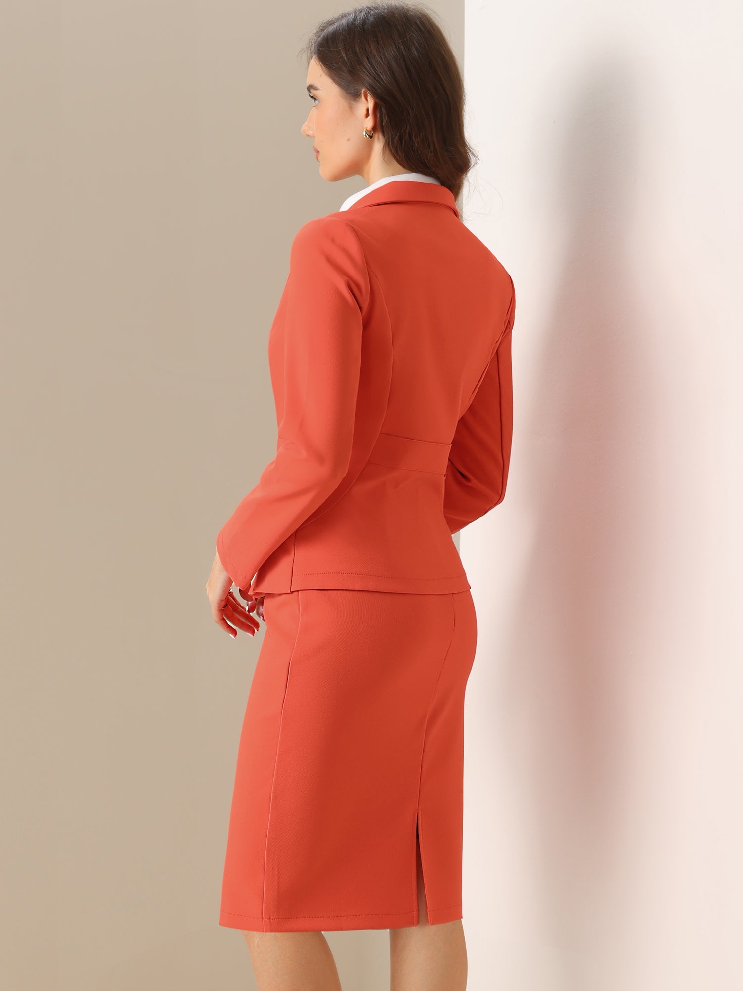 2 Pieces Business Casual Notched Lapel Long Sleeve Blazer & Pencil Skirt Suit Set