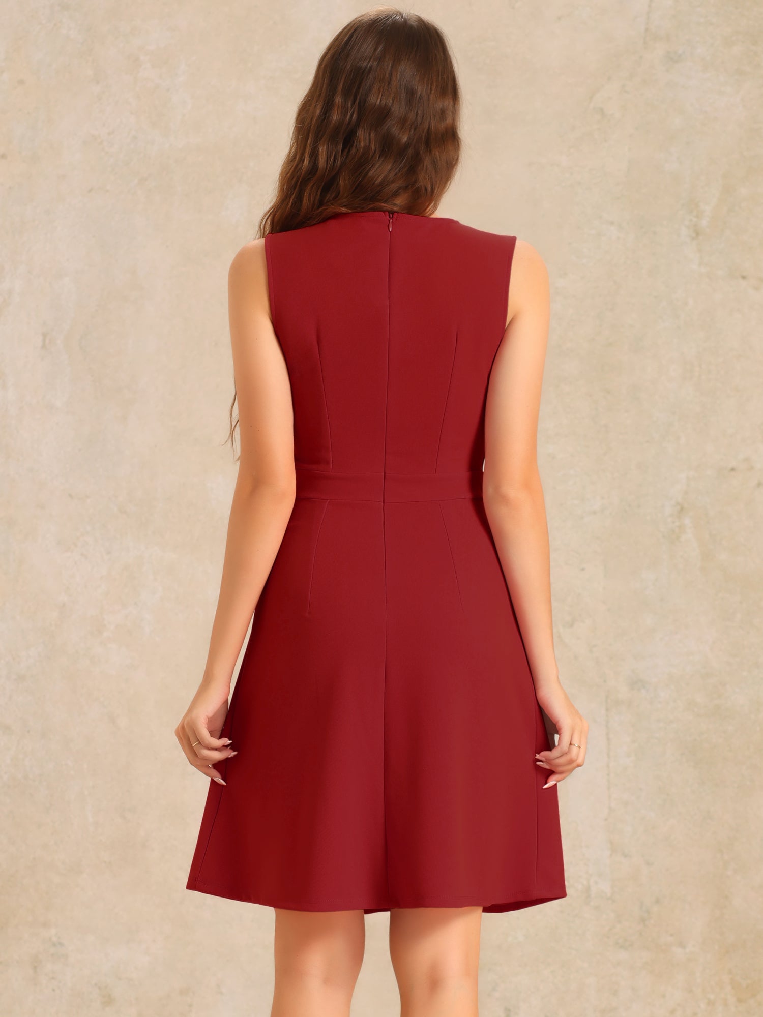 Solid Color Round Neck Sleeveless A-Line Work Midi Dress