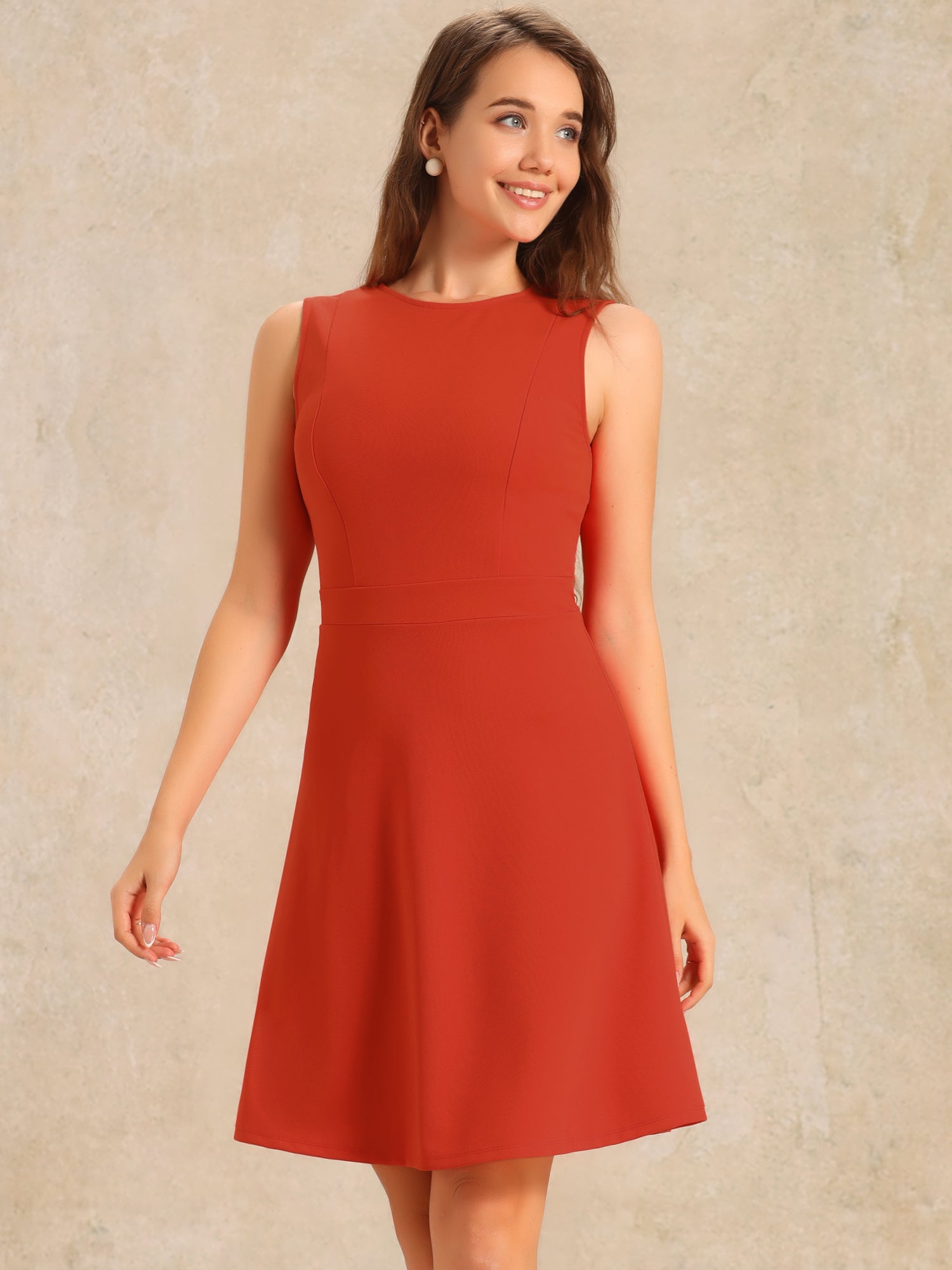 Solid Color Round Neck Sleeveless A-Line Work Midi Dress