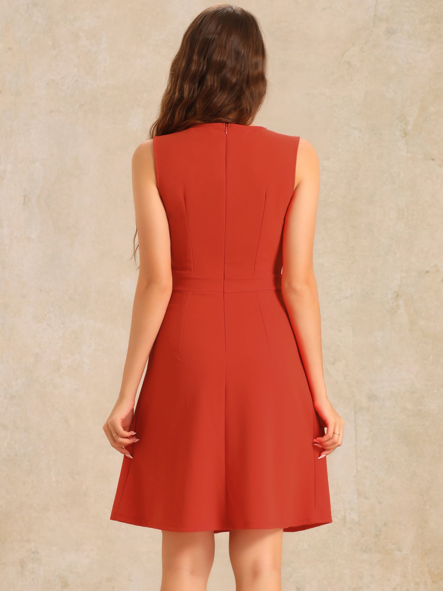 Solid Color Round Neck Sleeveless A-Line Work Midi Dress