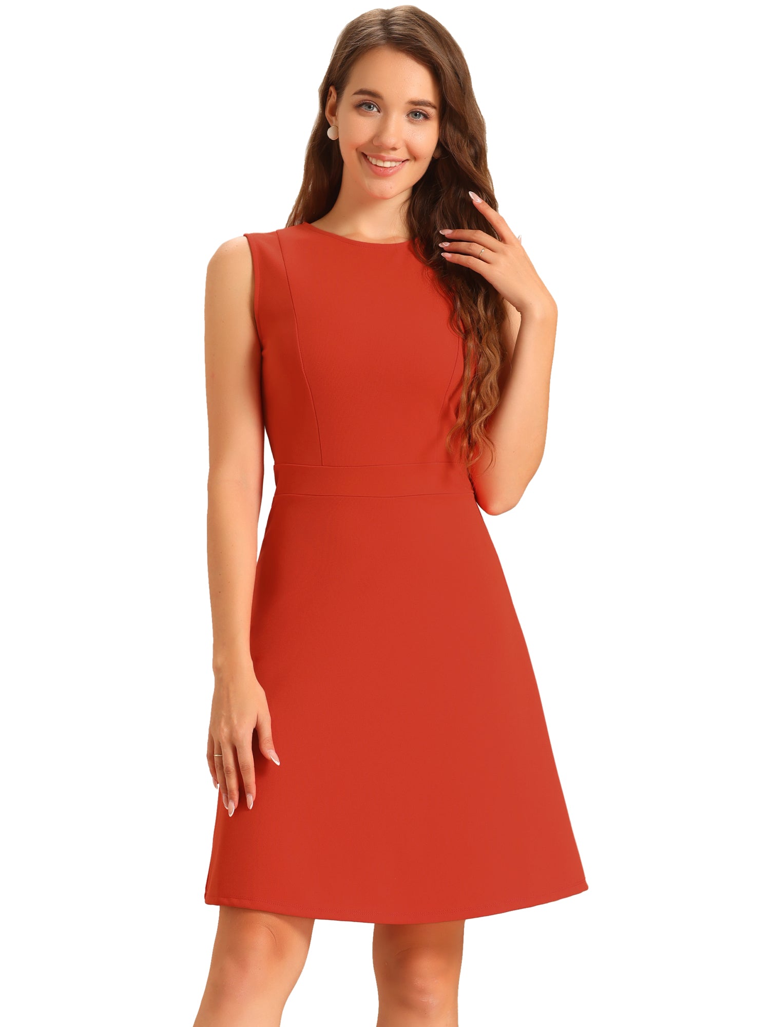 Solid Color Round Neck Sleeveless A-Line Work Midi Dress