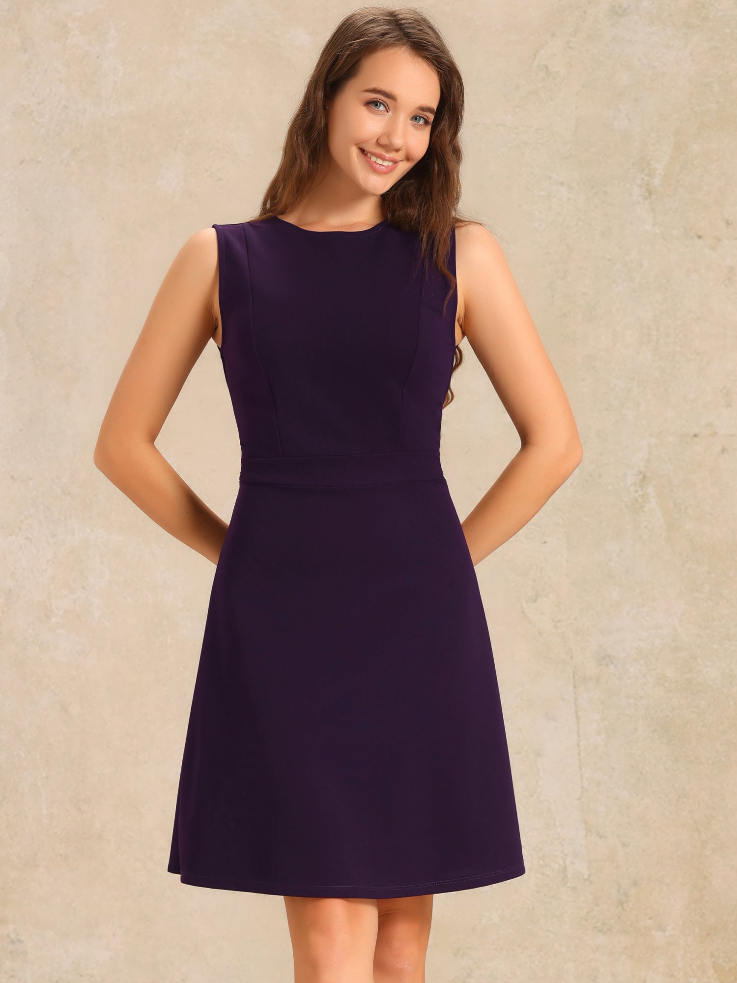 Solid Color Round Neck Sleeveless A-Line Work Midi Dress