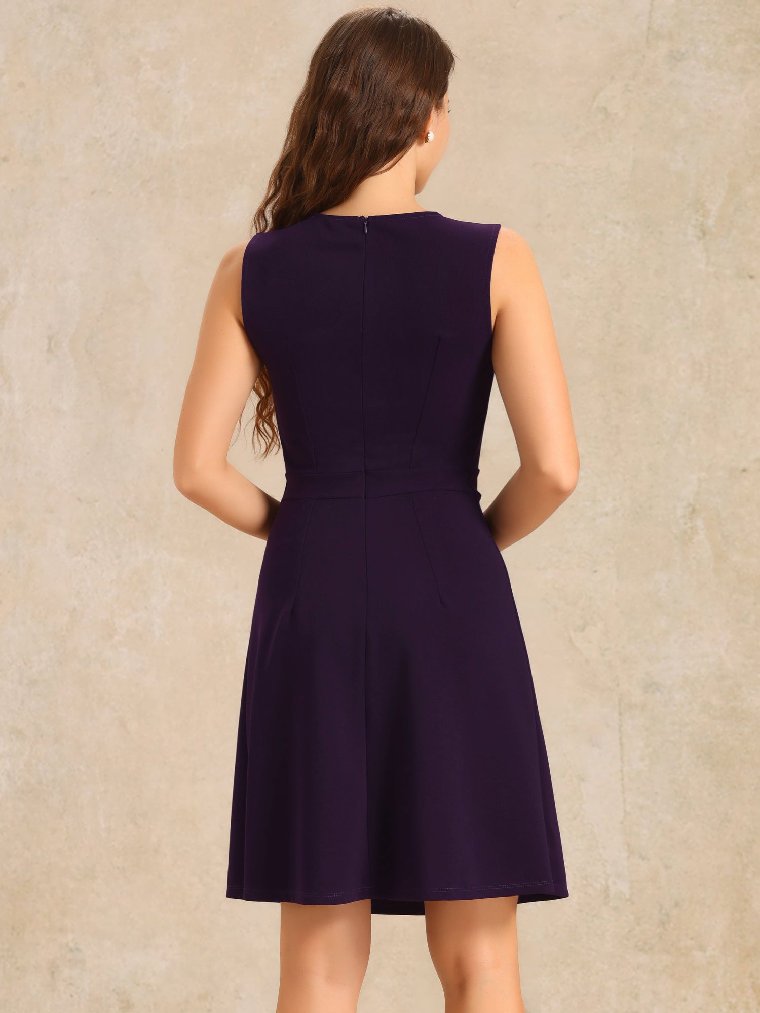 Solid Color Round Neck Sleeveless A-Line Work Midi Dress