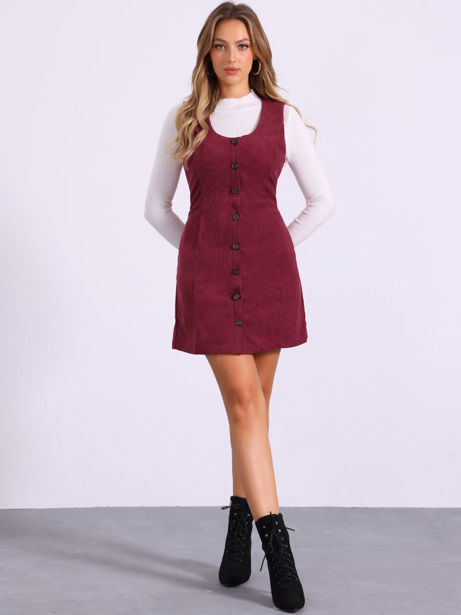 Corduroy Overall Scoop Neck Sleeveless Button Pinefore Dress