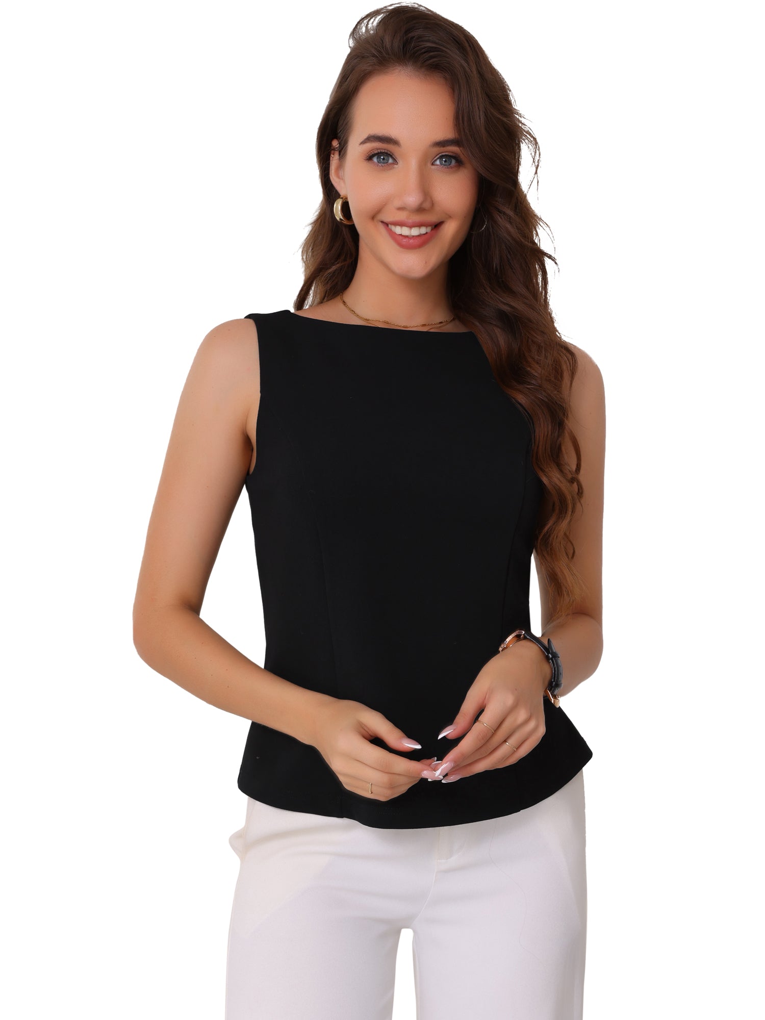 Boat Neck Work Office Sleeveless Basic Tops