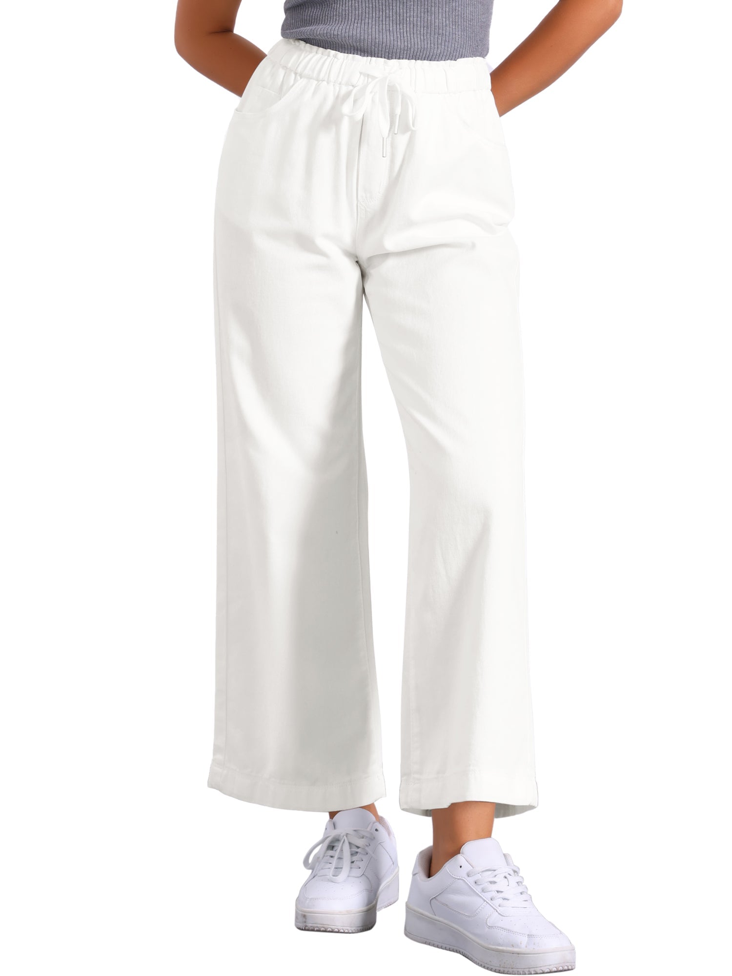 Casual Denim Pants Drawstring Elastic Waist Wide Legs Jeans